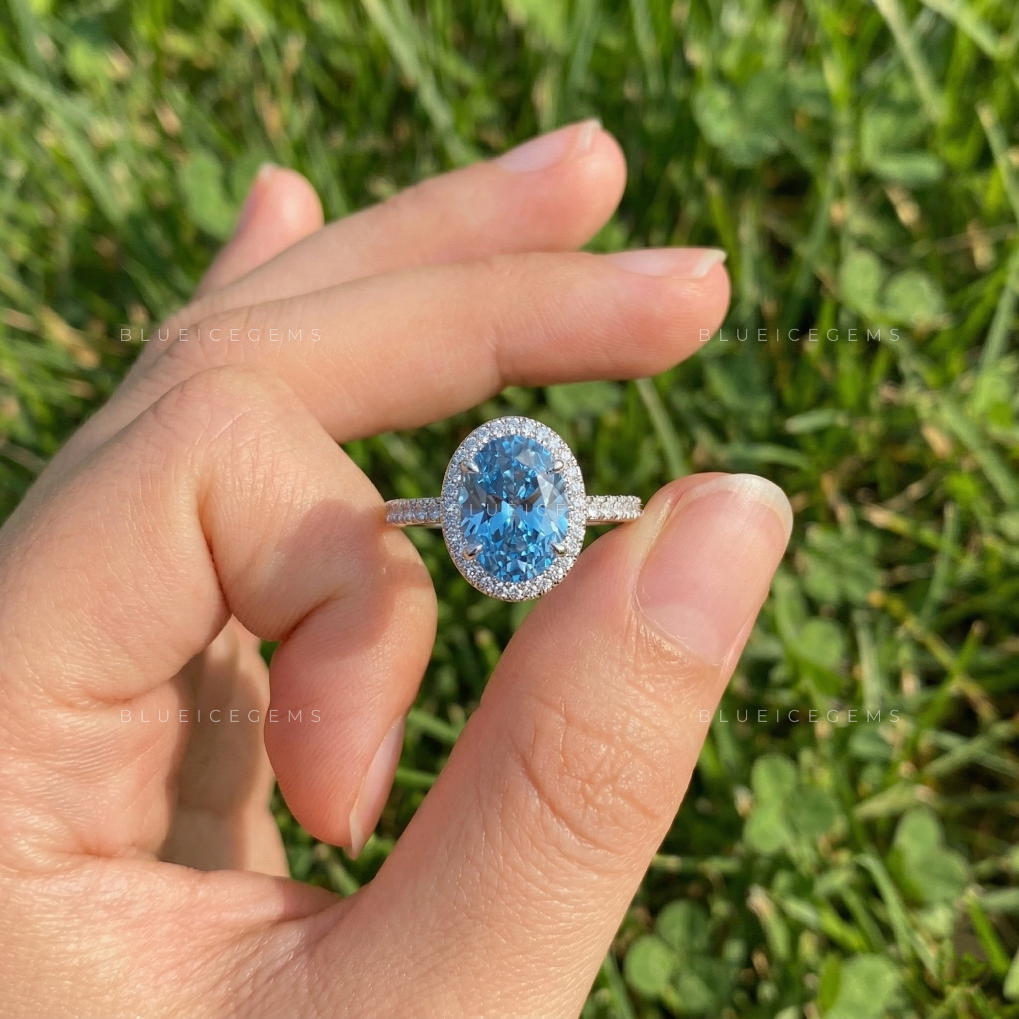 The "Midnight Siren" Oval Blue Diamond: Statement Halo Ring