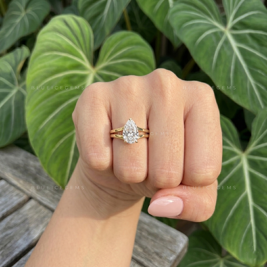 Pear Cut Split Band Hidden Halo Solitaire Engagement Ring