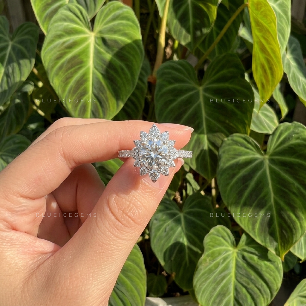 Vintage Glamour Round Brilliant Cluster Halo Engagement Ring