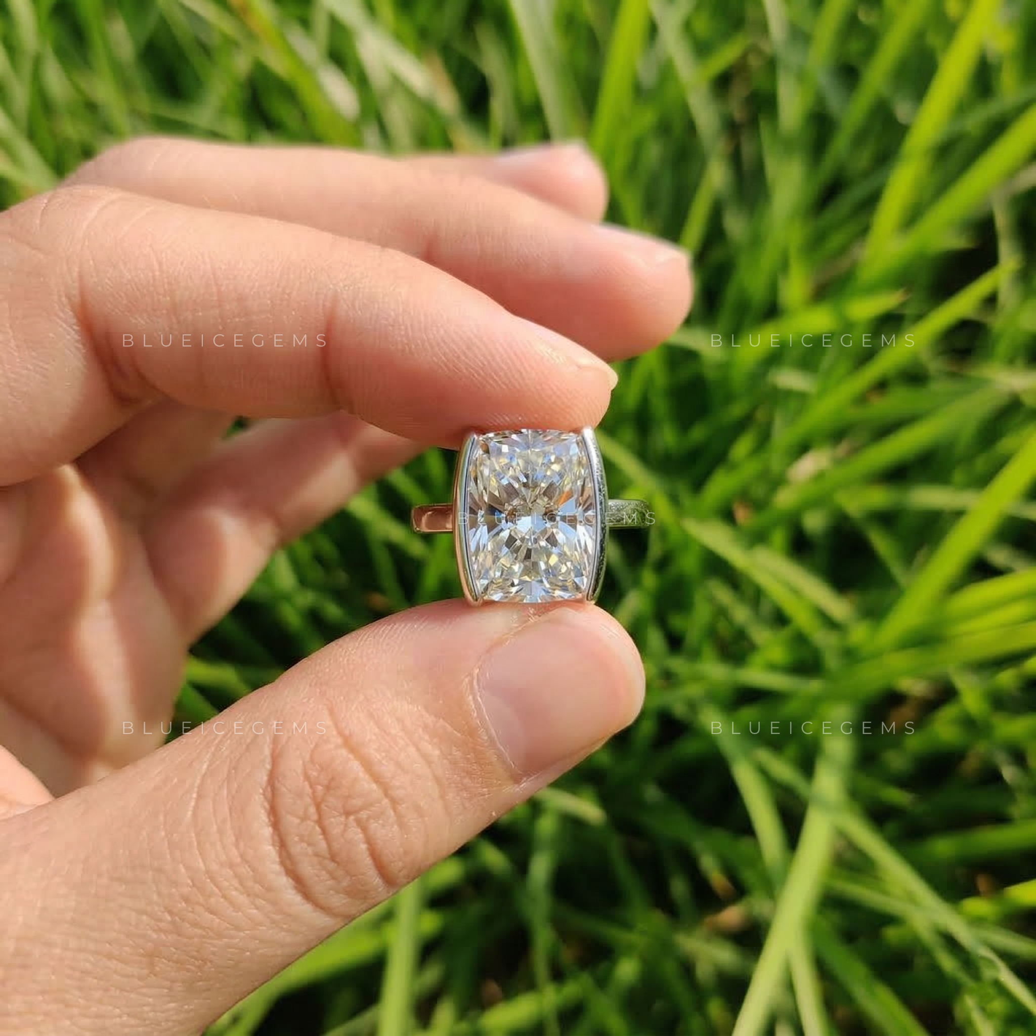 Divine Elongated Cushion Half Bezel Solitaire Statement Ring