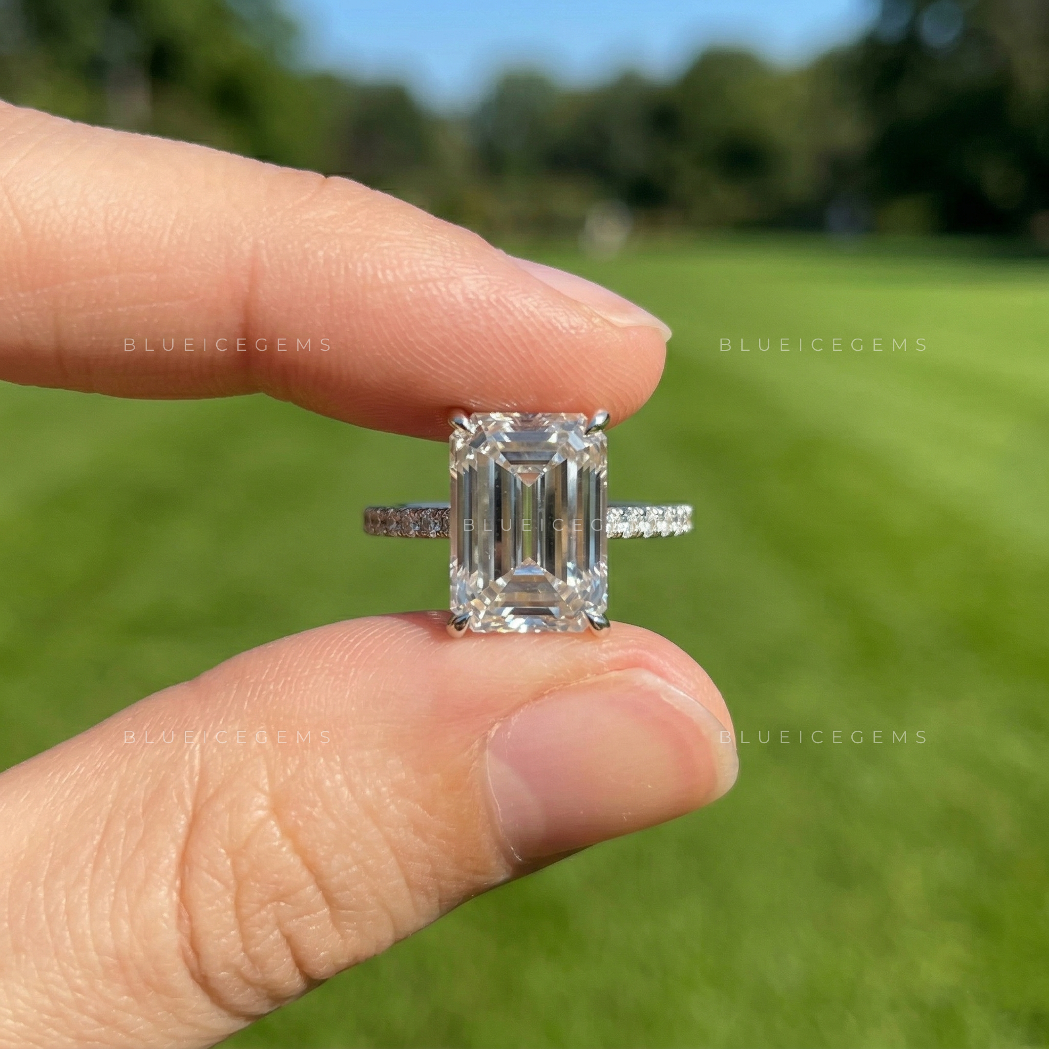Celestial Radiance Emerald Cut Lab-Grown Diamond Hidden Halo Ring