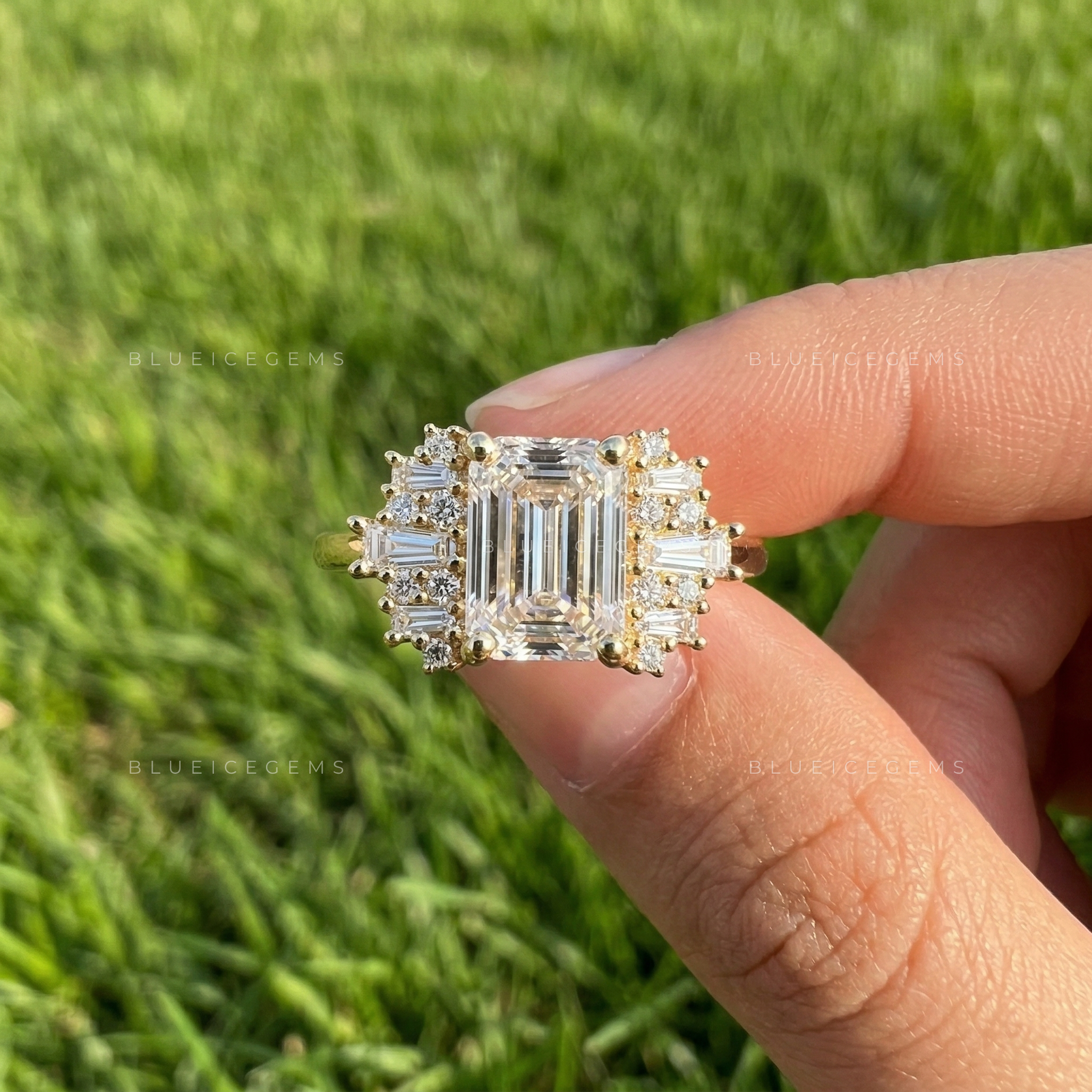 Sophisticated Emerald Cut Three Stone Side Tapered Baguette Engagement Ring