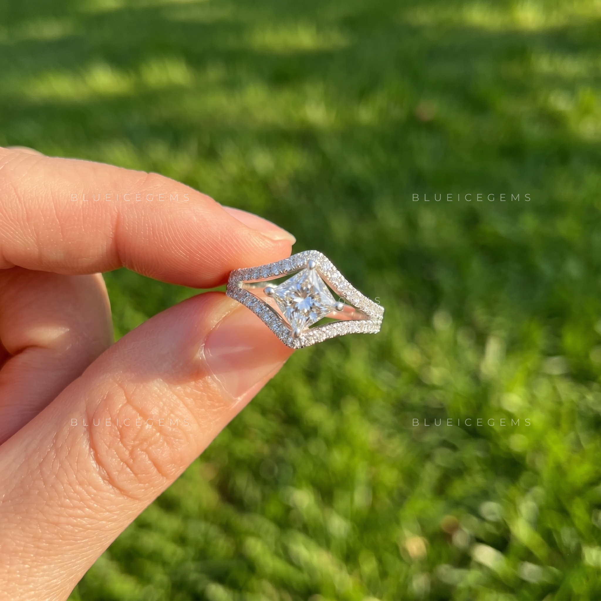 Artistic Open-Shank Princess Cut Statement Pave Band Ring