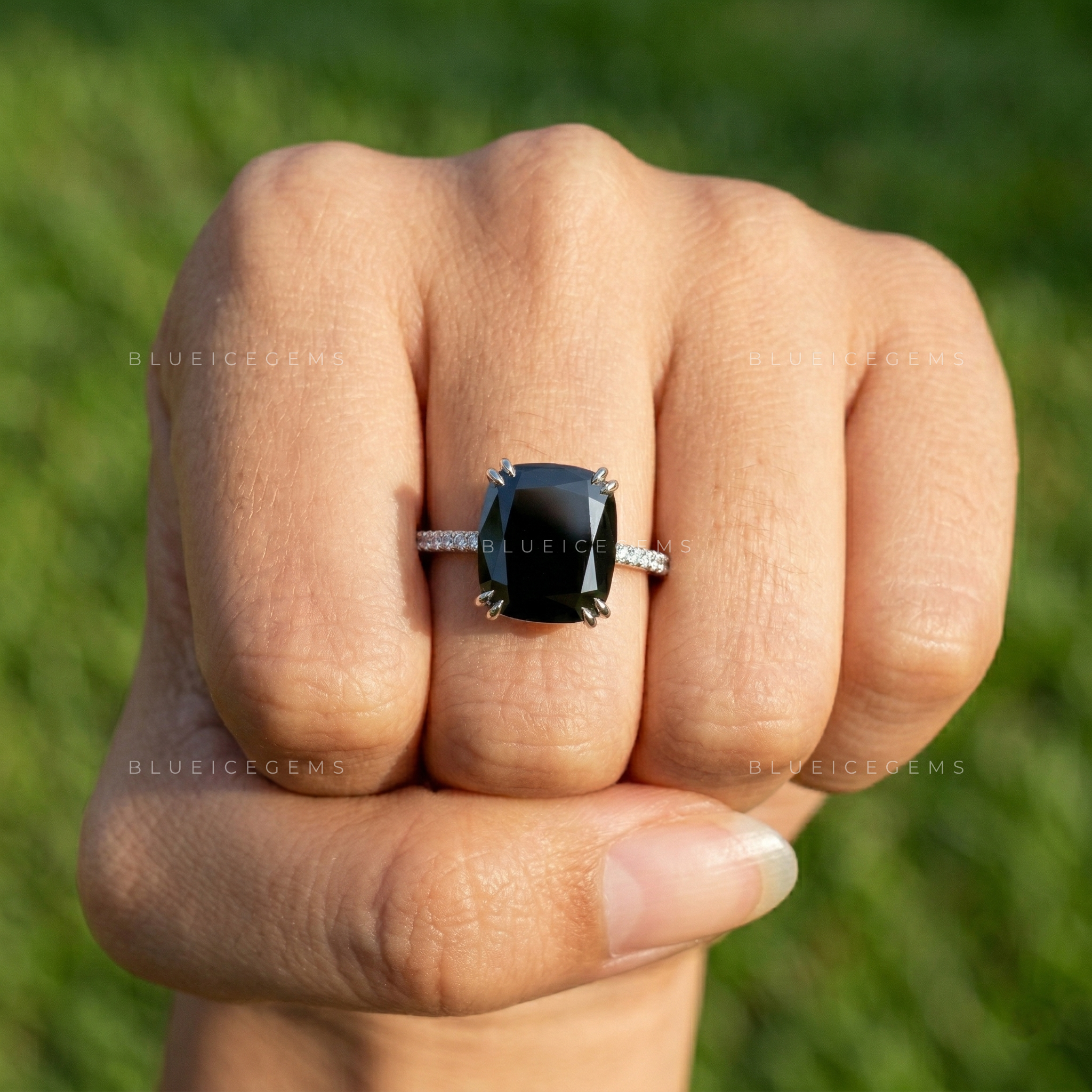 Modern Noir Cushion Cut Black Moissanite Hidden Halo Ring