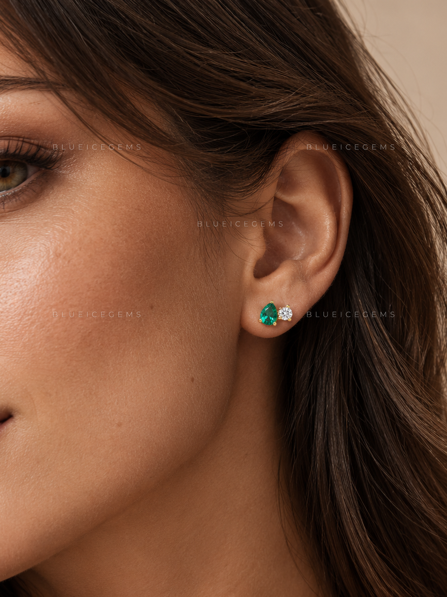 Toi et Moi Emerald and Diamond Stud Earrings