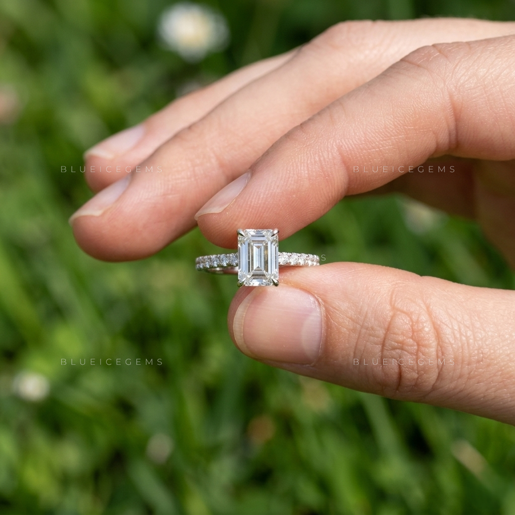 Emerald-Cut Cathedral Setting Pave Accented Engagement Ring
