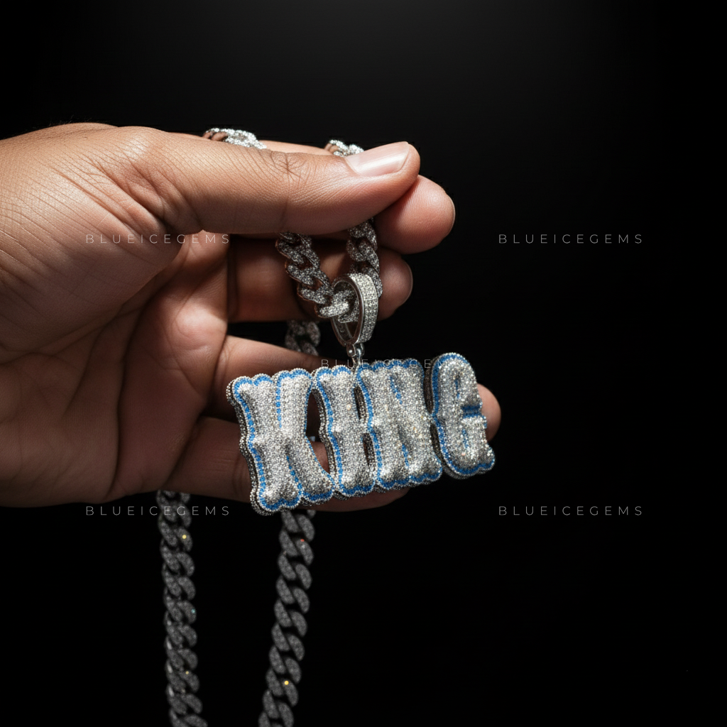 The "KING" Azure Sovereign: Electric Blue Halo & 3D Bubble Script Pendant