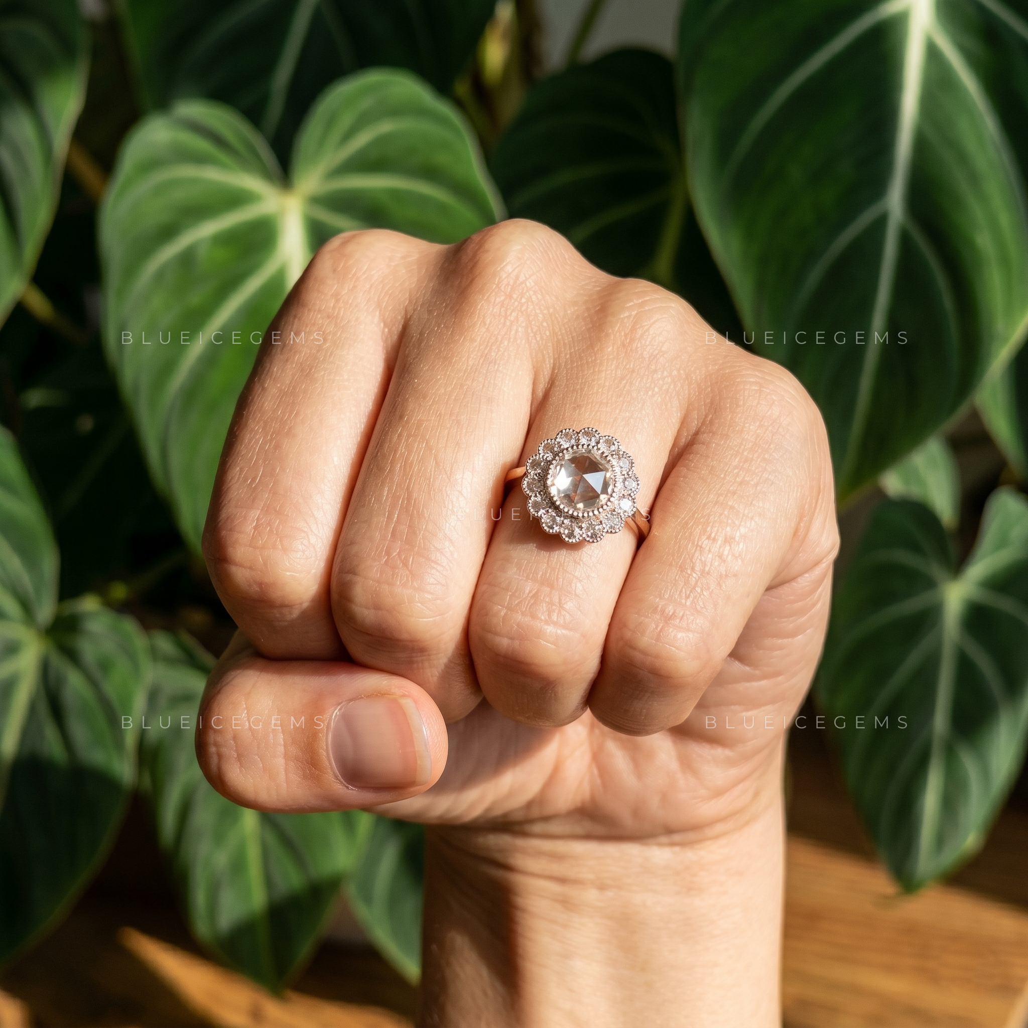 Vintage Radiance Round Rose Cut Antique Halo Engagement Ring