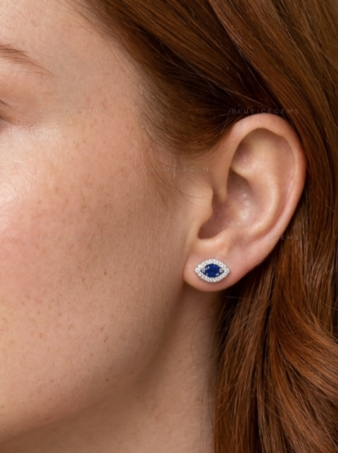 Blue Sapphire Evil Eye Stud Earrings