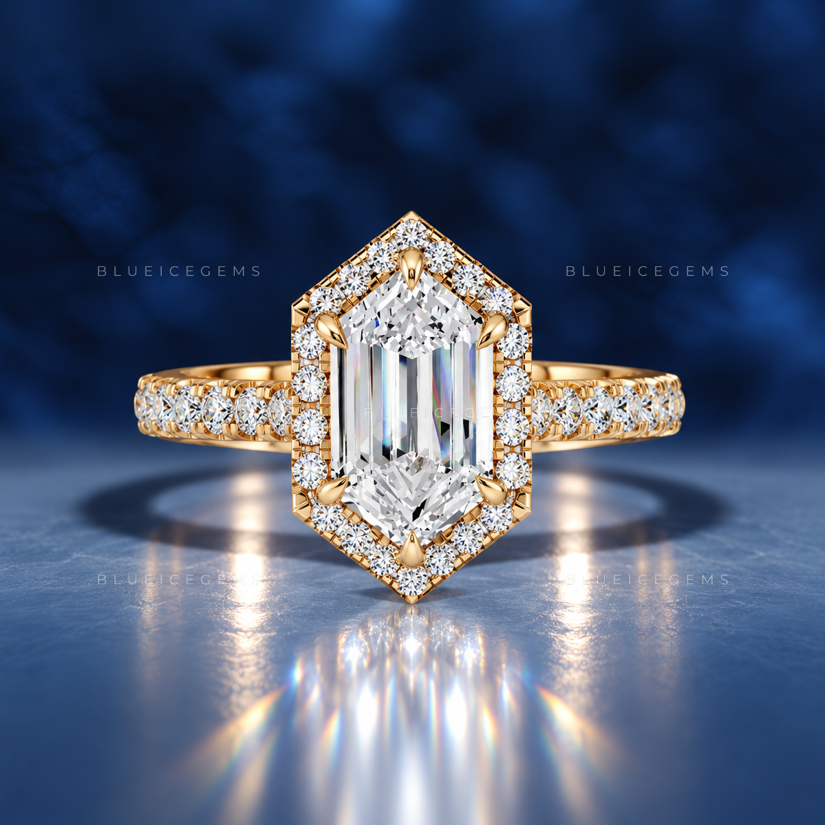 Celestara Elongated Hexagon Halo Pavé Engagement Ring