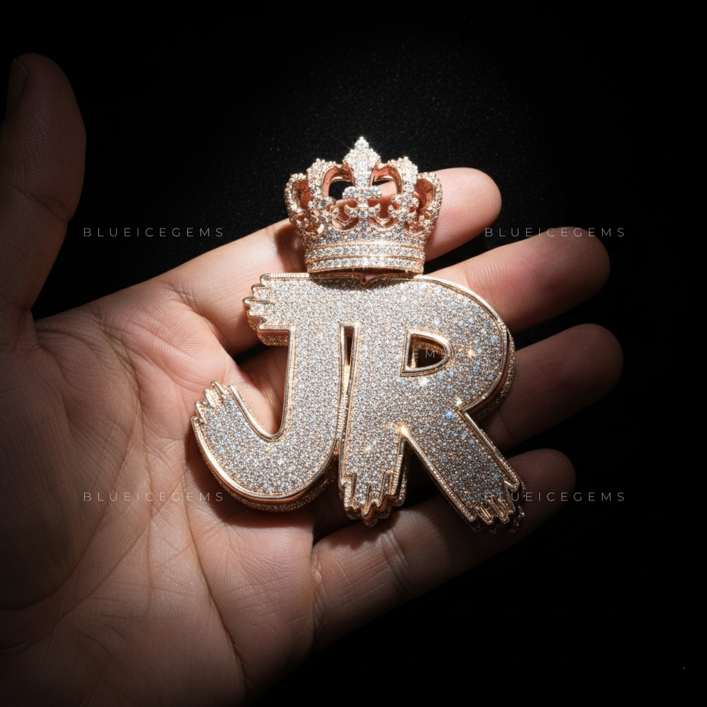 "JR" Custom 3D Bubble Initial Pendant with Majestic Crown