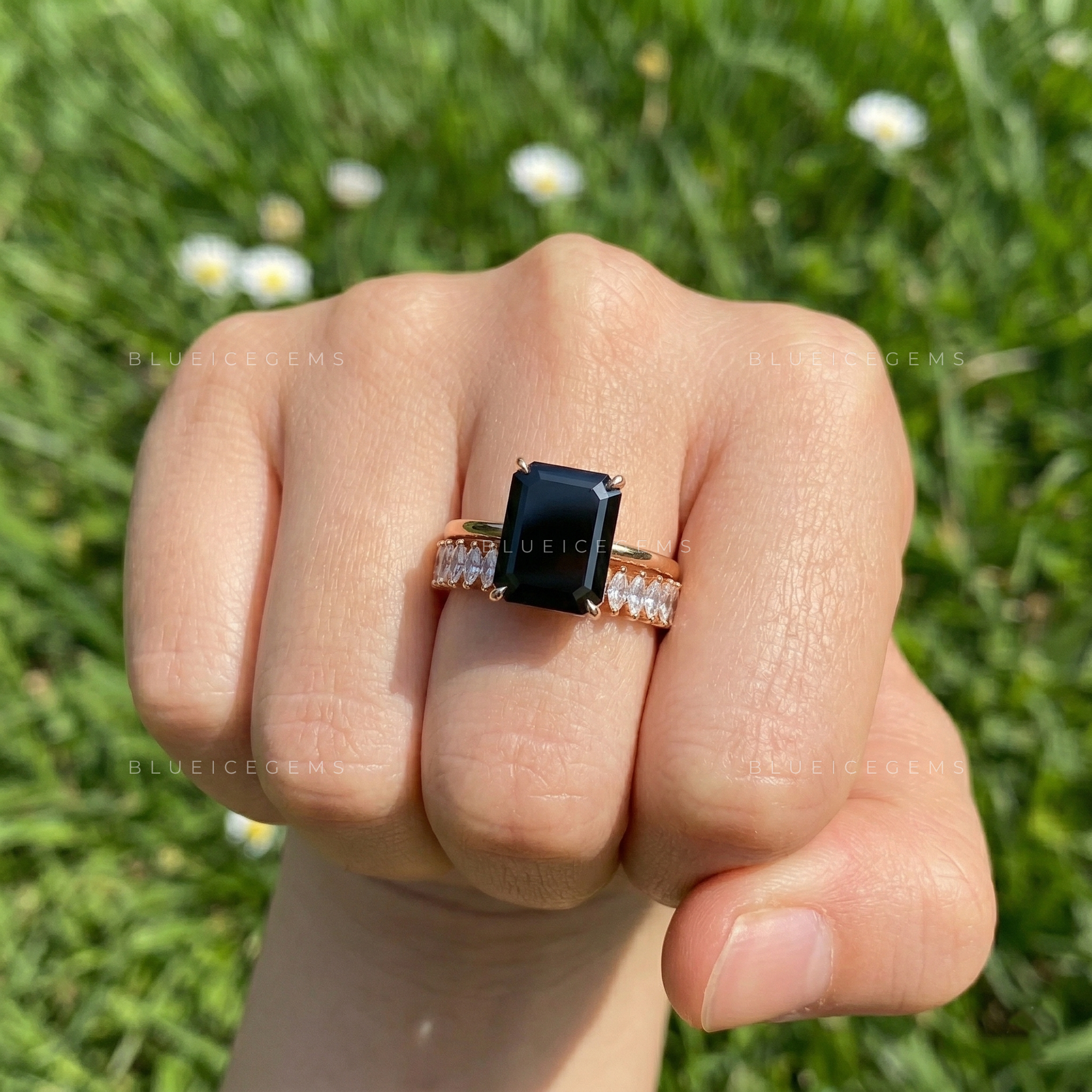 Architectural Noir Emerald Cut Black Diamond Bridal Set