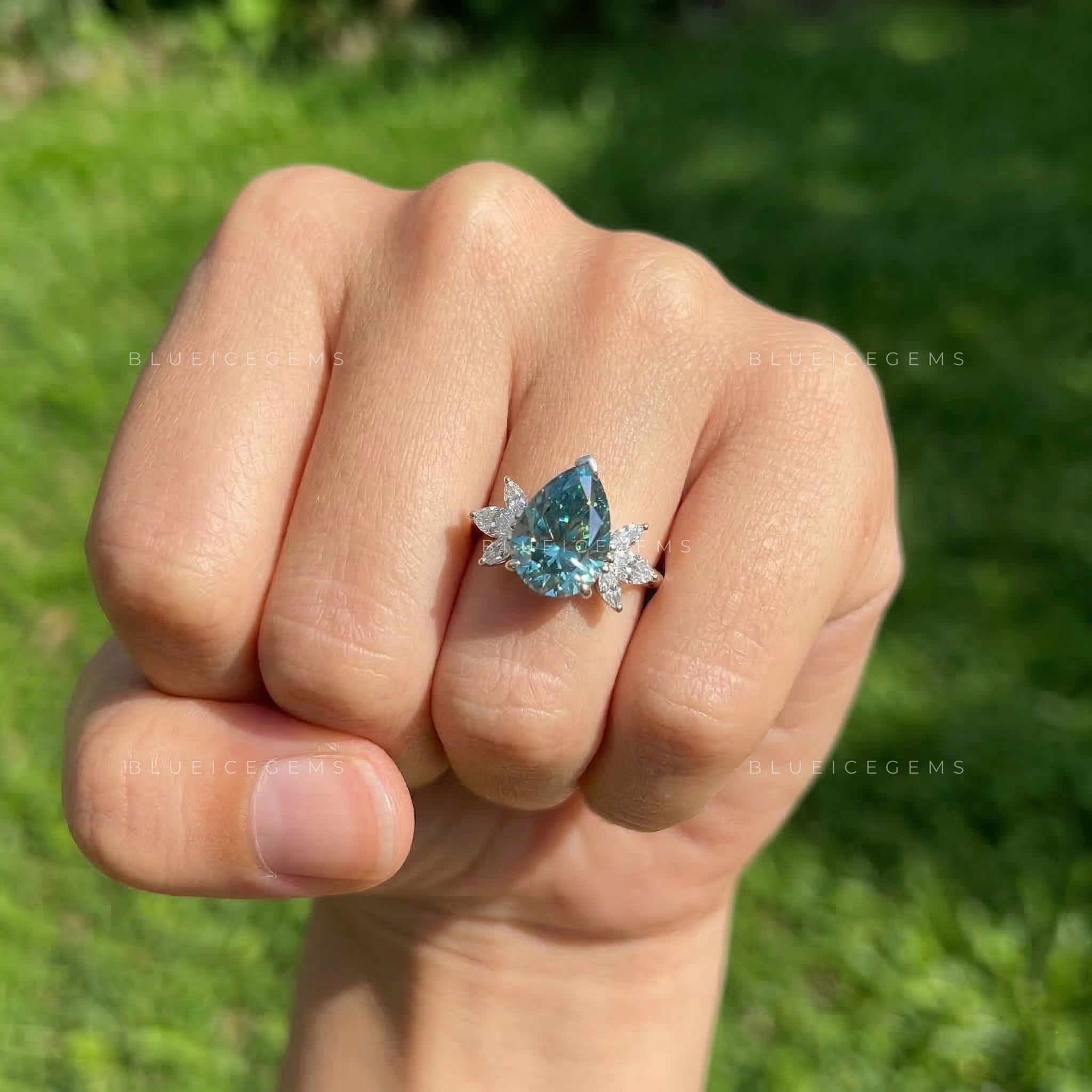 Oceanic Mist Pear Cut Cluster Ring