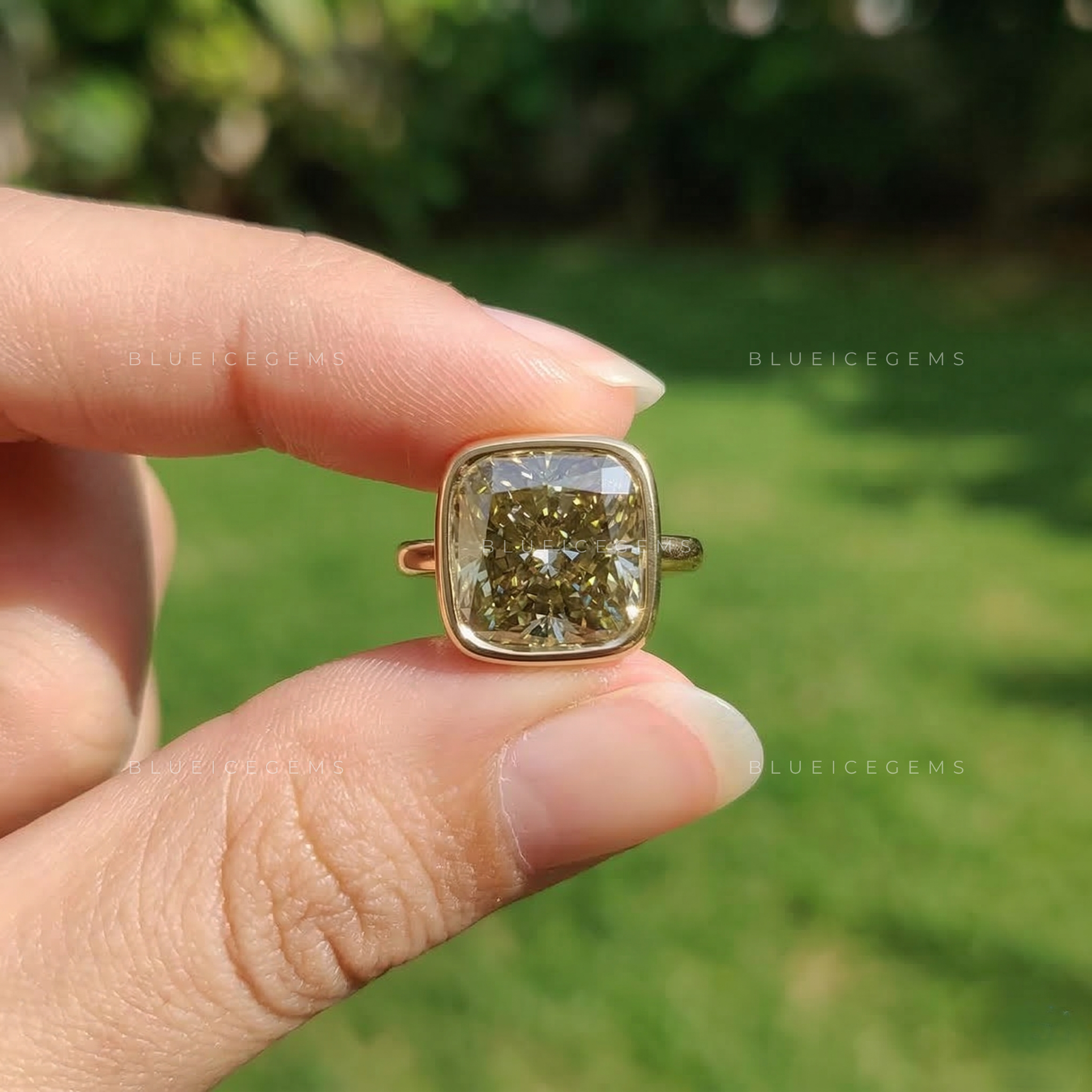 Golden Smoke Cushion Cut Bezel Set Solitaire Ring