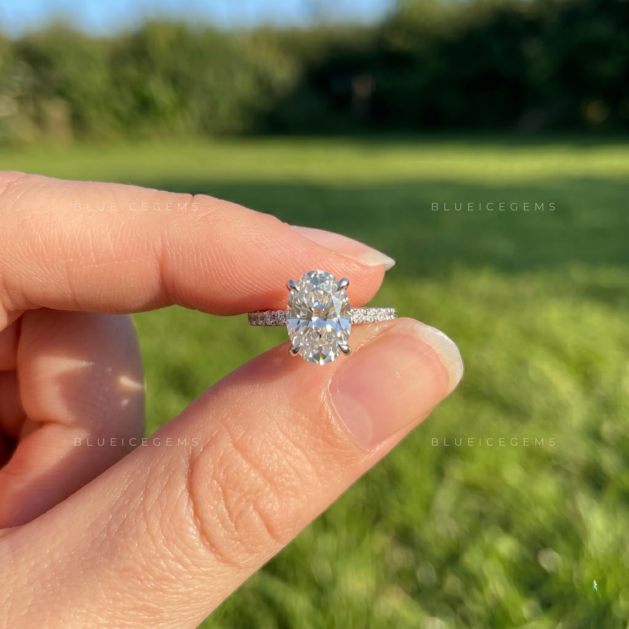 Radiant Oval Brilliant Cut Solitaire Ring with Sparkling Pave Accents