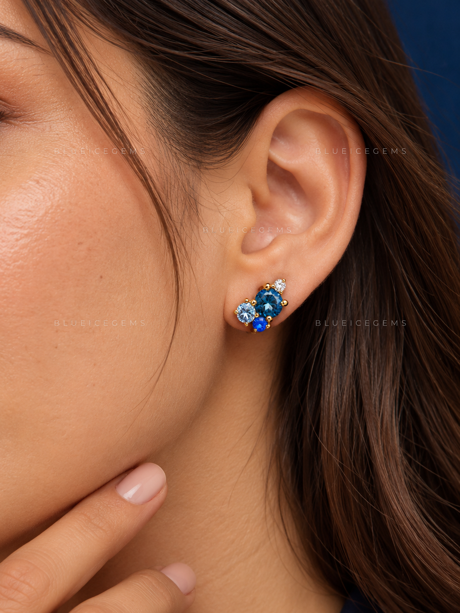 Blue Gemstone Cluster Stud Earrings