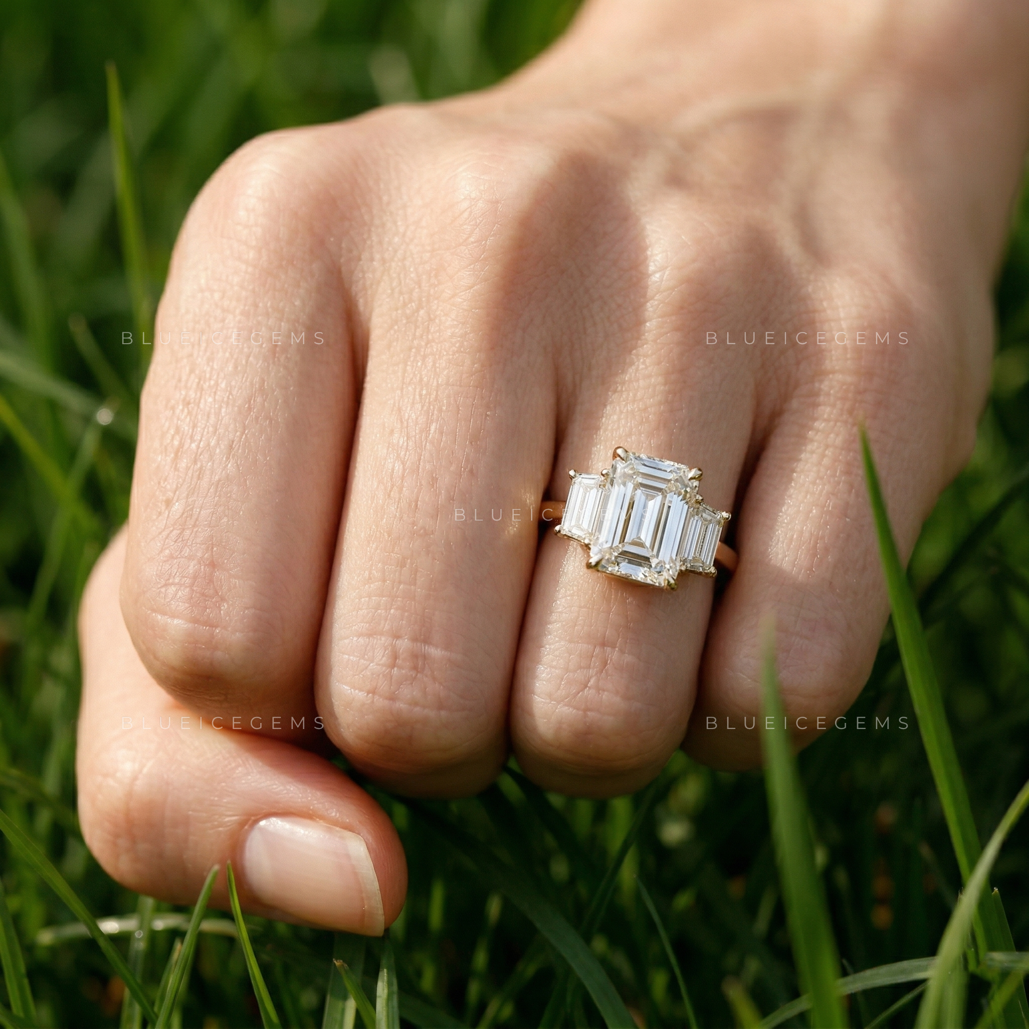 Architectural Elegance Emerald and Trapezoid Cut Trilogy Ring
