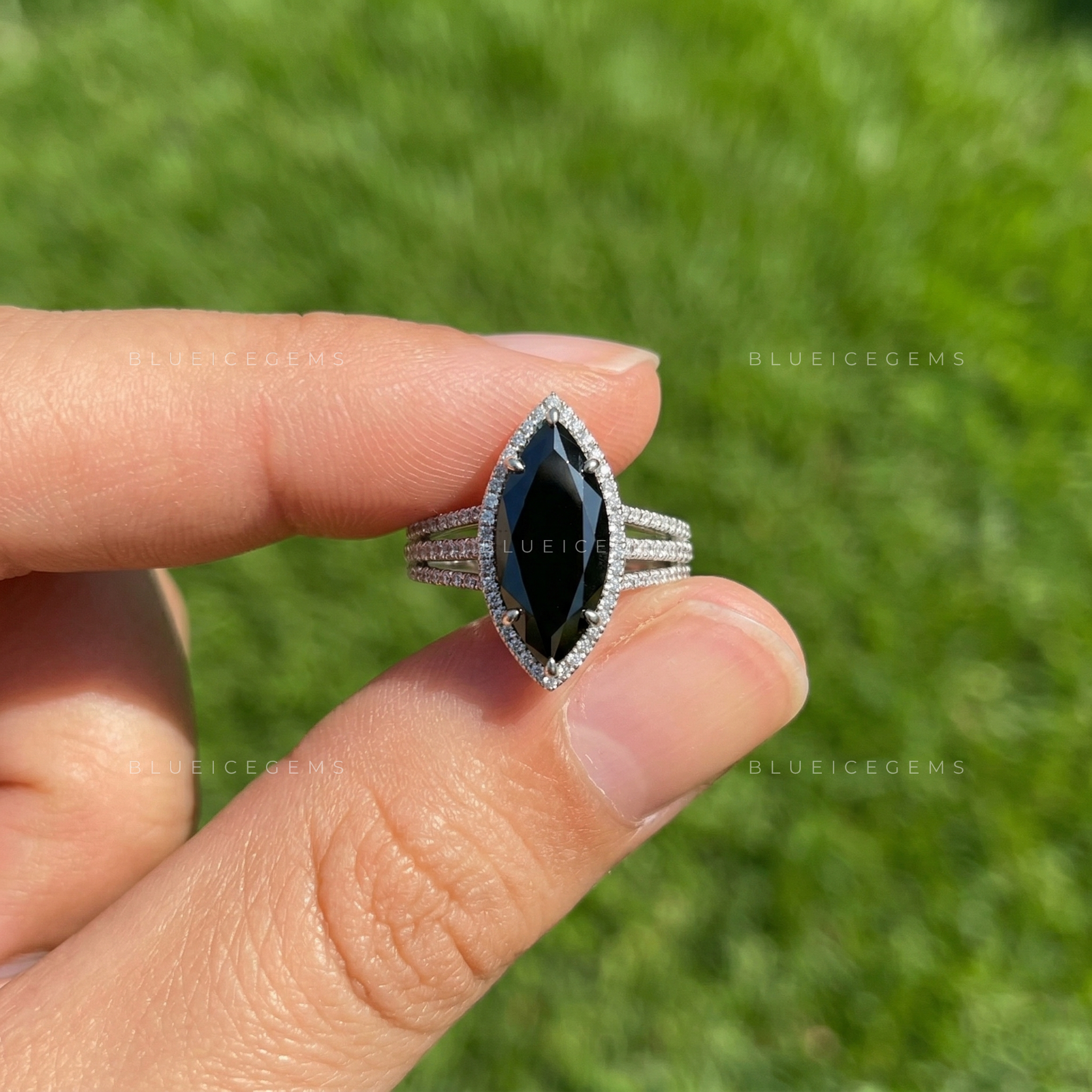 Midnight Noir Marquise Cut Black Diamond Grand Halo Ring
