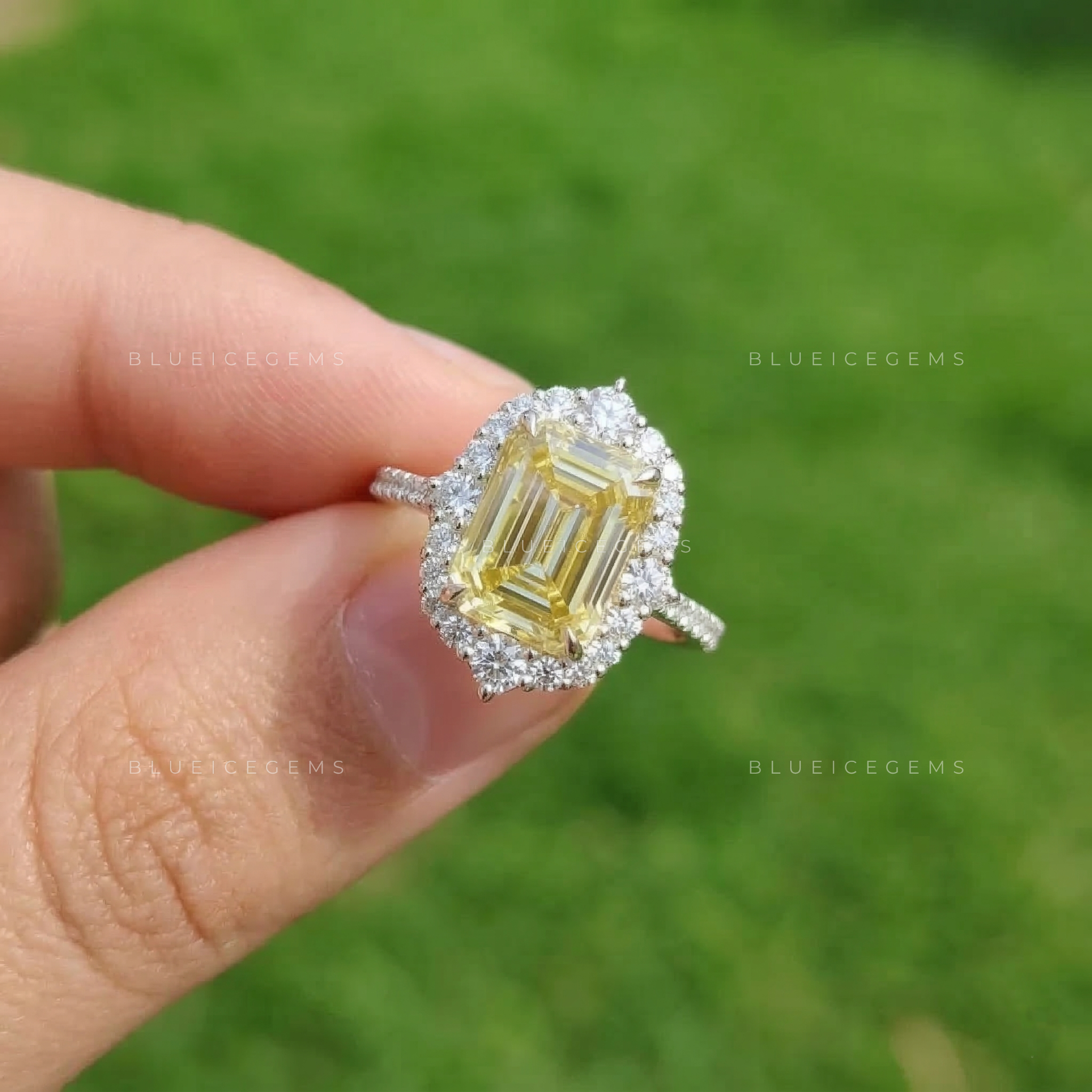 Gilded Majesty Canary Radiant Emerald Cut Halo Ring