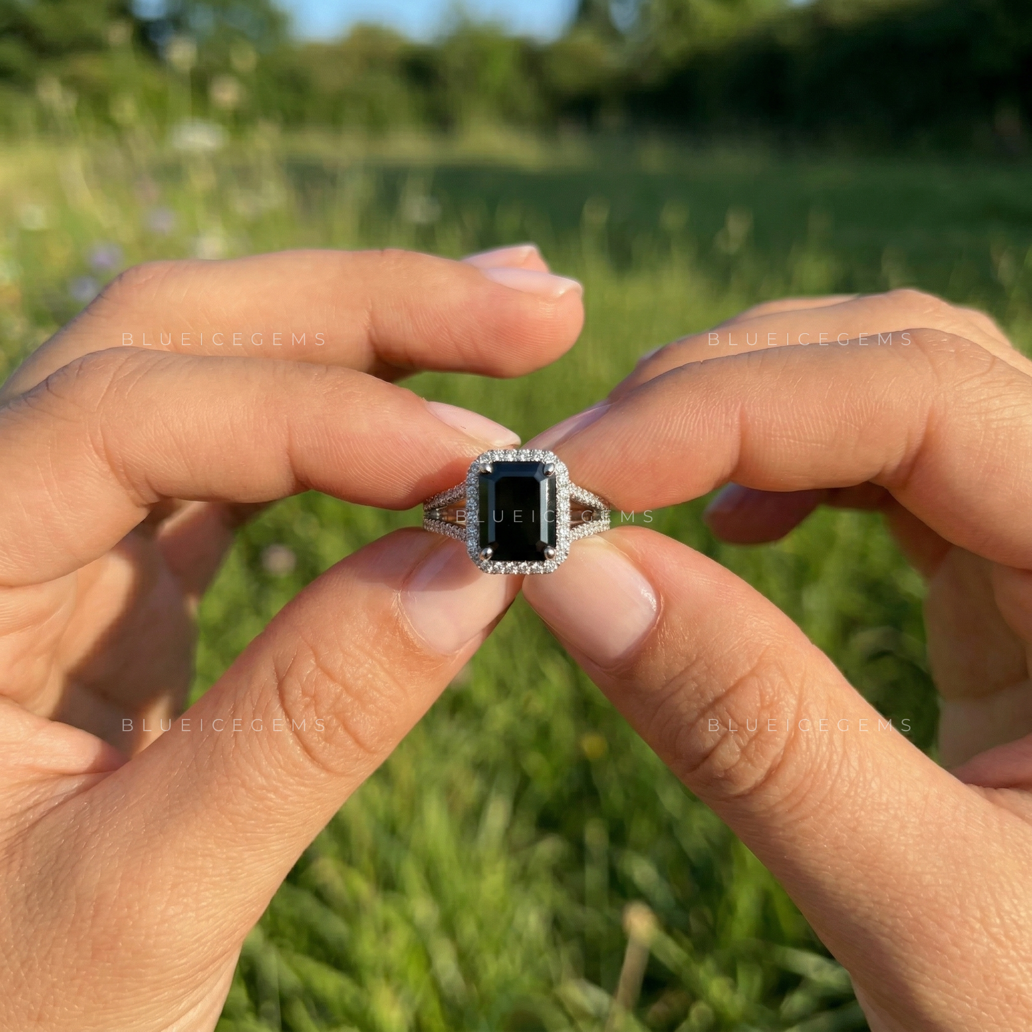 Architectural Noir Emerald Cut Black Diamond Pavé Engagement Ring