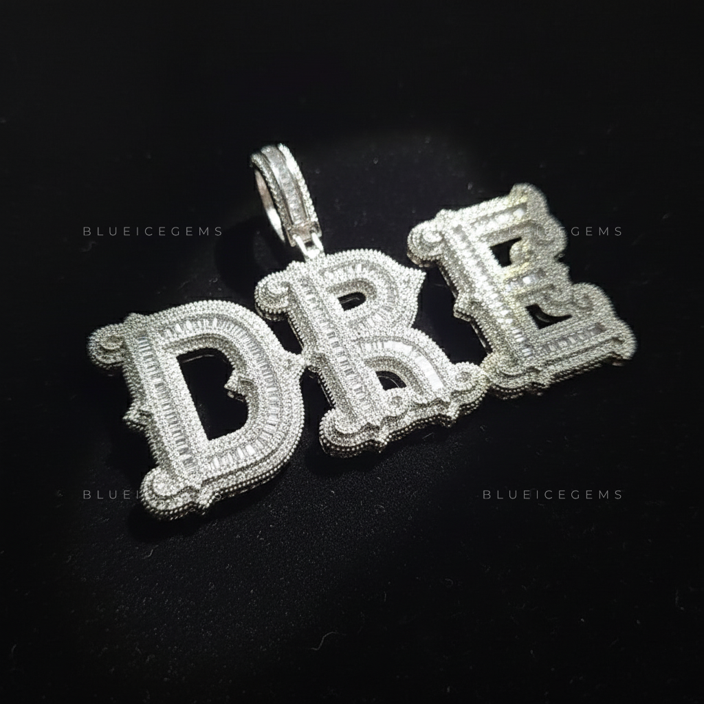 "DRE" Custom Gothic Script Iced-Out Pendant with Baguette and Round Diamonds