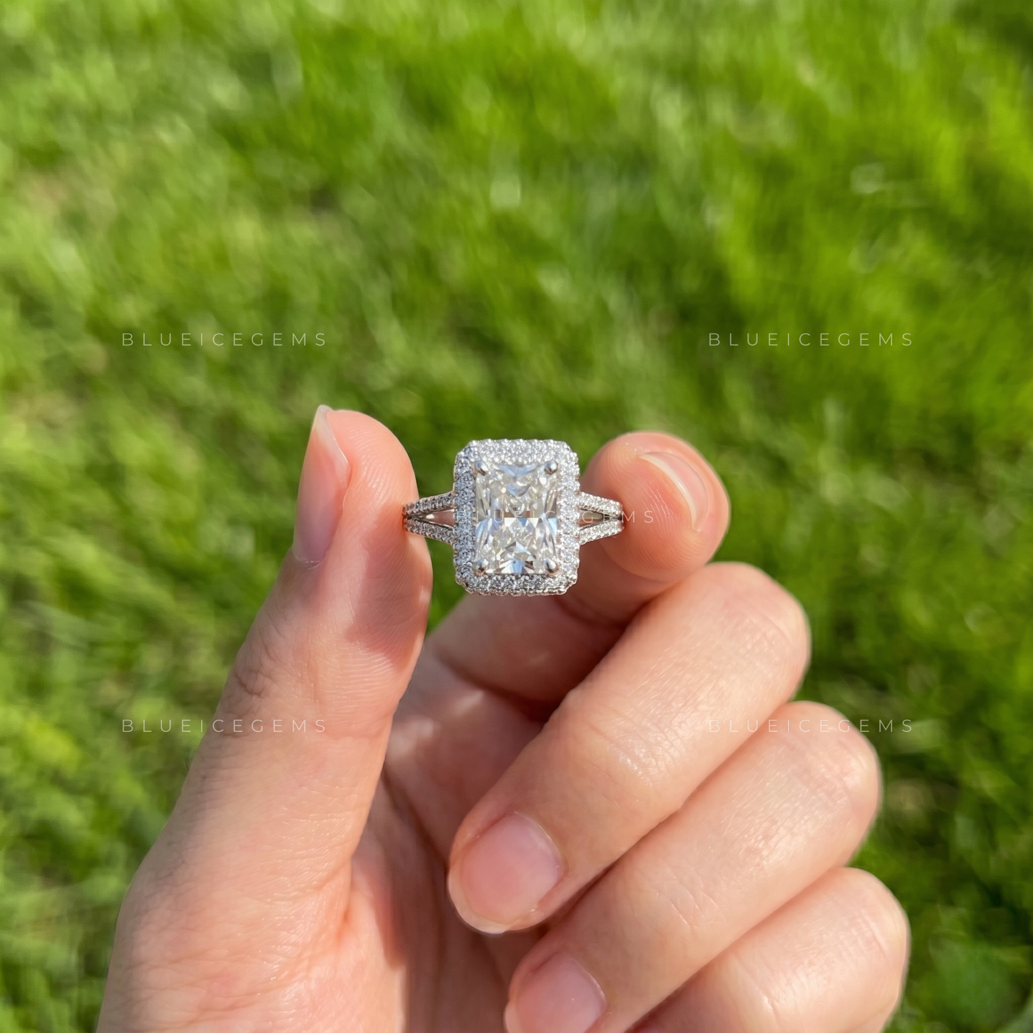 Exquisite Glamour Radiant Cut Halo Split Pave Shank Engagement Ring