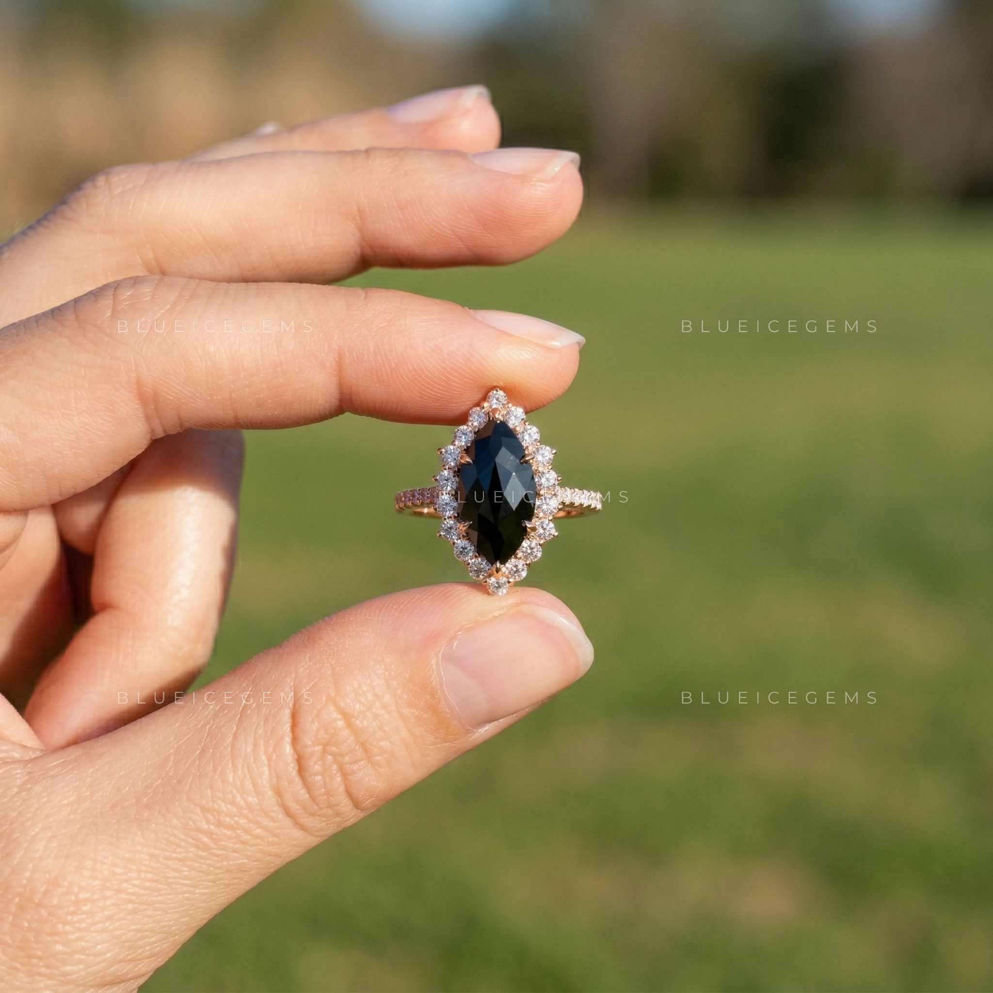 Mystic Nocturne Marquise Flower Rose Cut Black Diamond Ring
