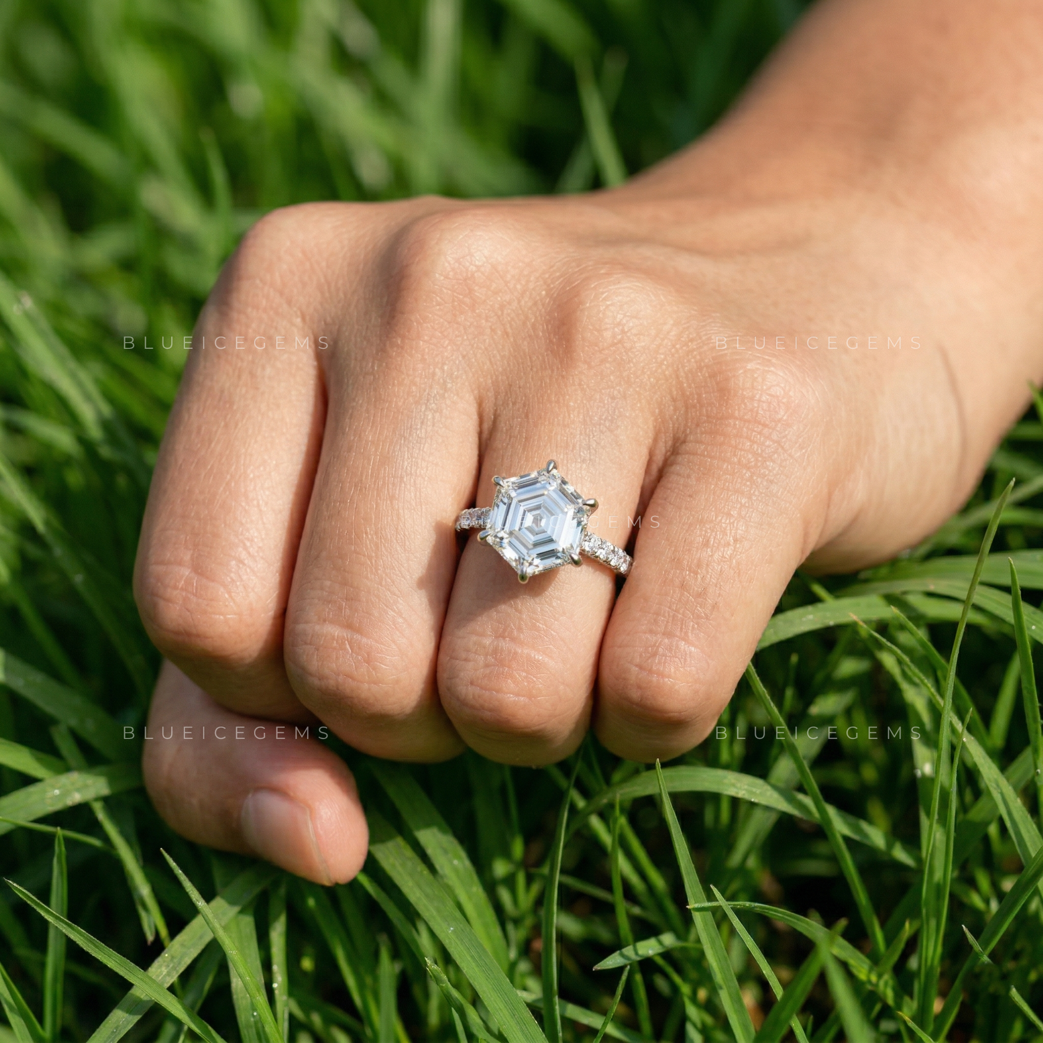 Architectural Radiance Hexagon Step Cut Hidden Accent Ring