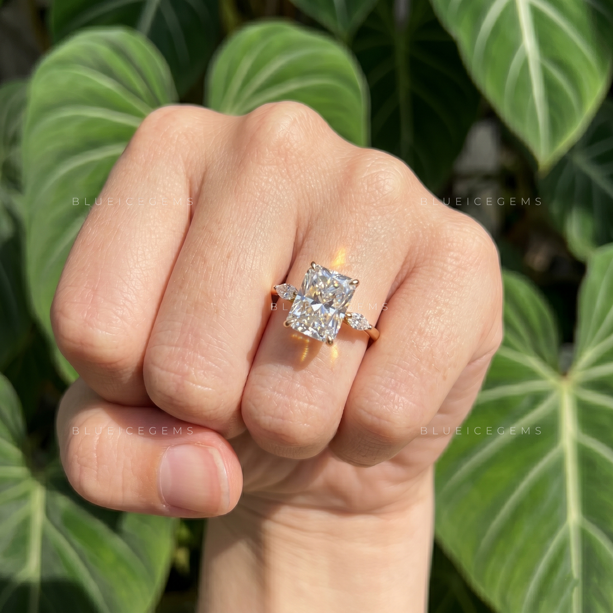 Radiant Cut Three Stone Engagement Ring with Marquise Side Accents
