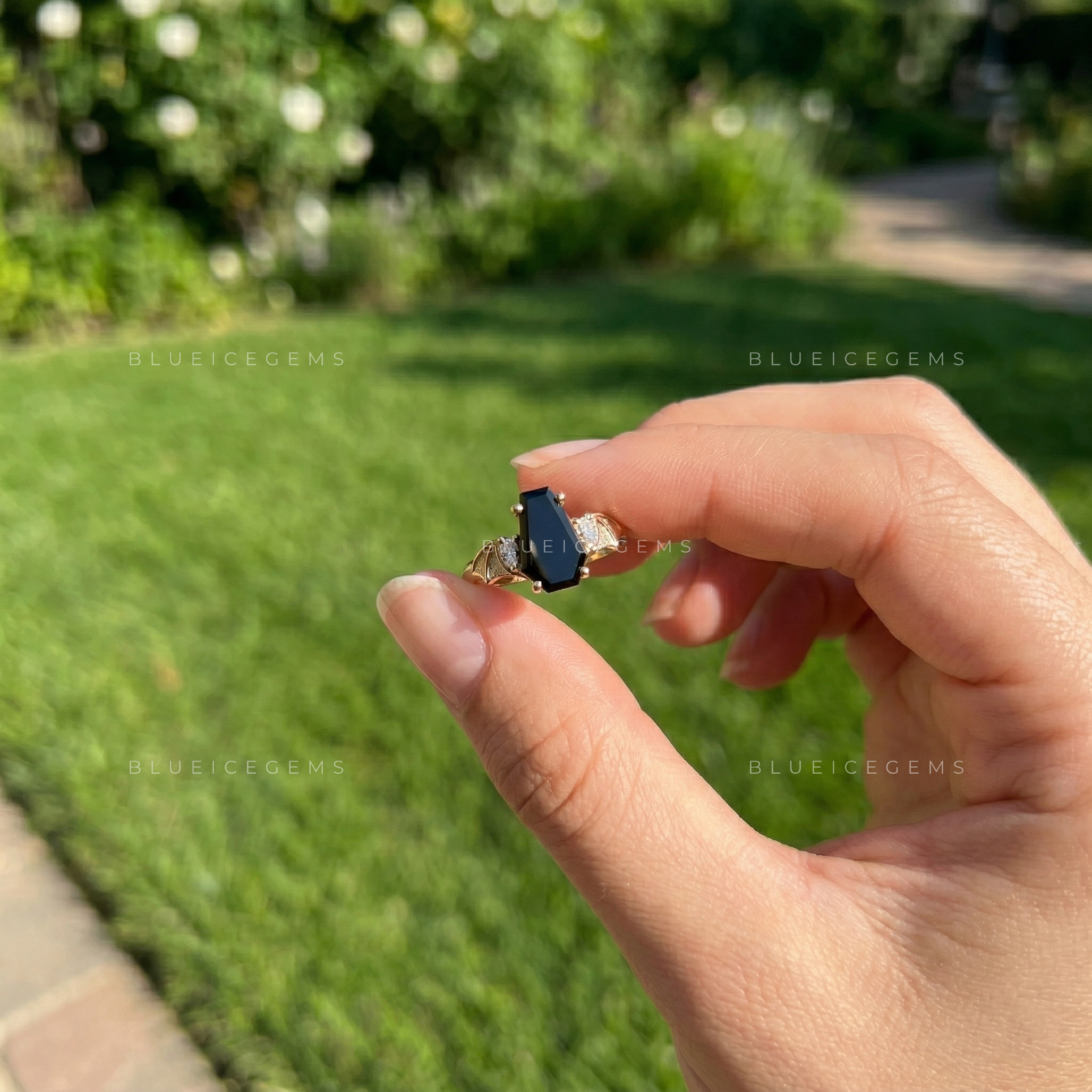 Midnight Noir Coffin Cut Black Moissanite Solitaire Accent Ring