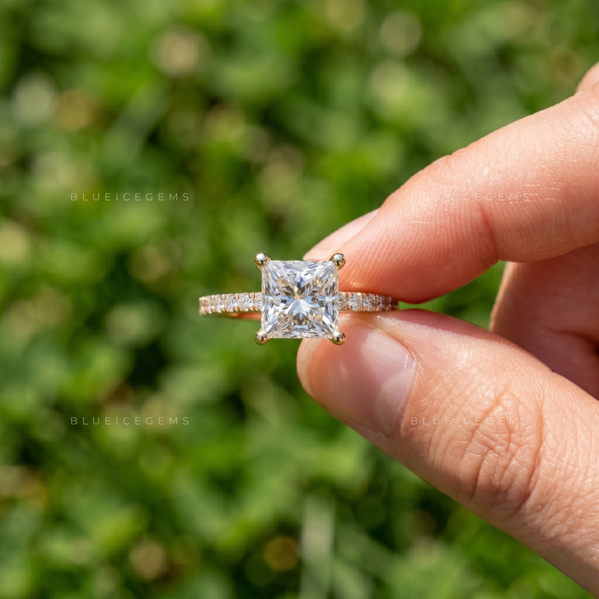 Princess Cut Square Diamond Pave Accented Engagement Ring