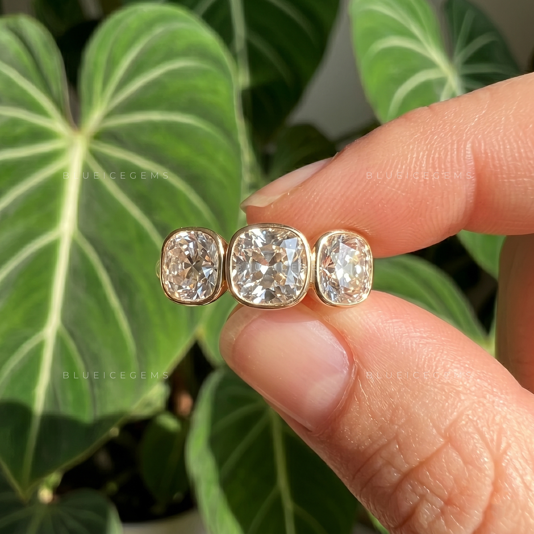Timeless Charm Old Mine Cut Bezel Three Stone Engagement Ring