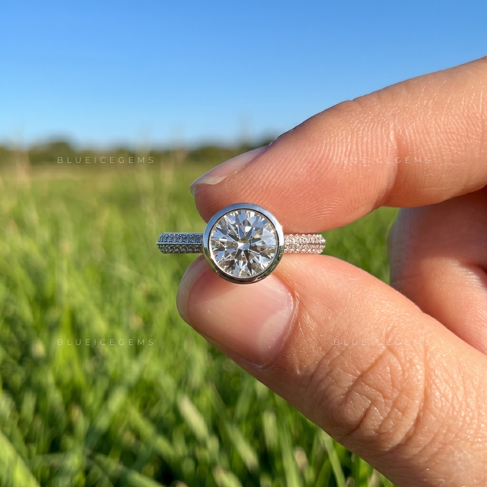 Luminous Horizon Bezel Set Round Brilliant Double Pave Engagement Ring
