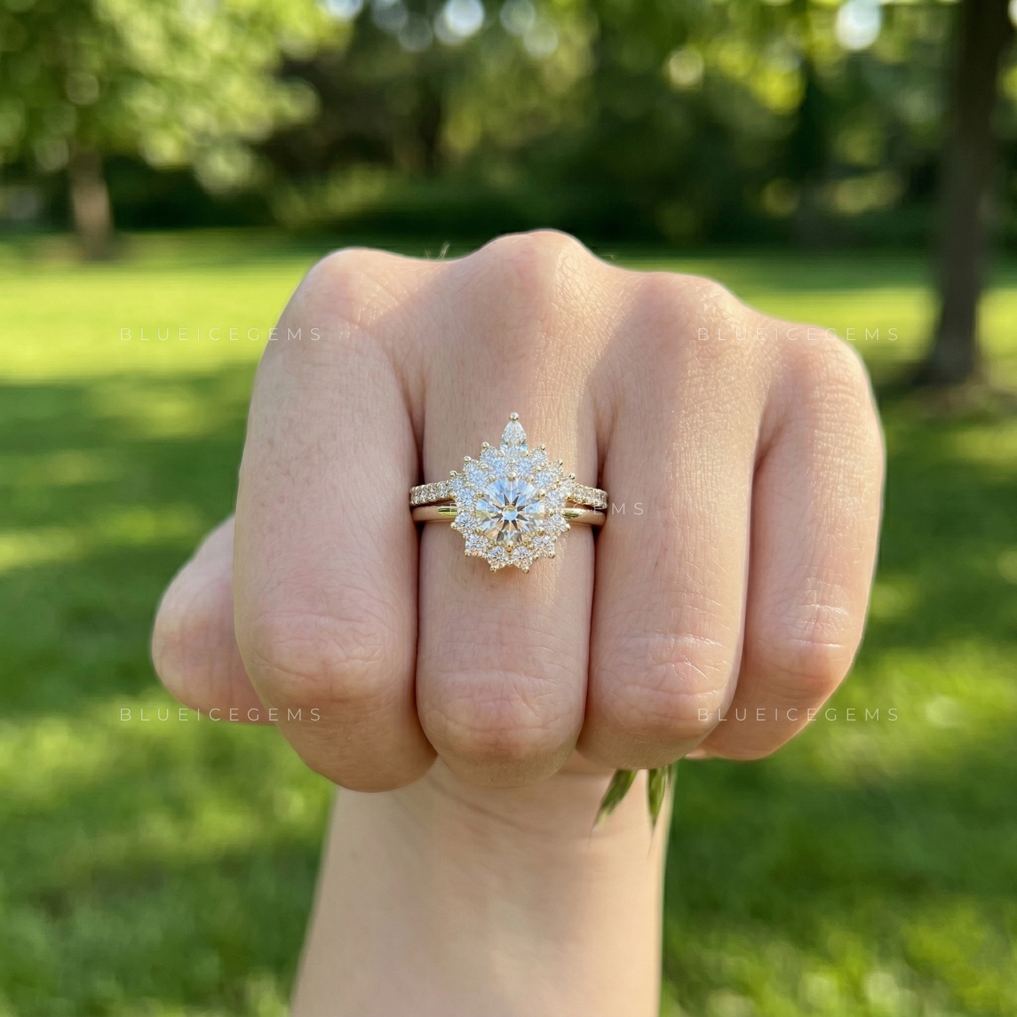 Celestial Radiance Round Brilliant Bridal Set with Contoured Floral Band