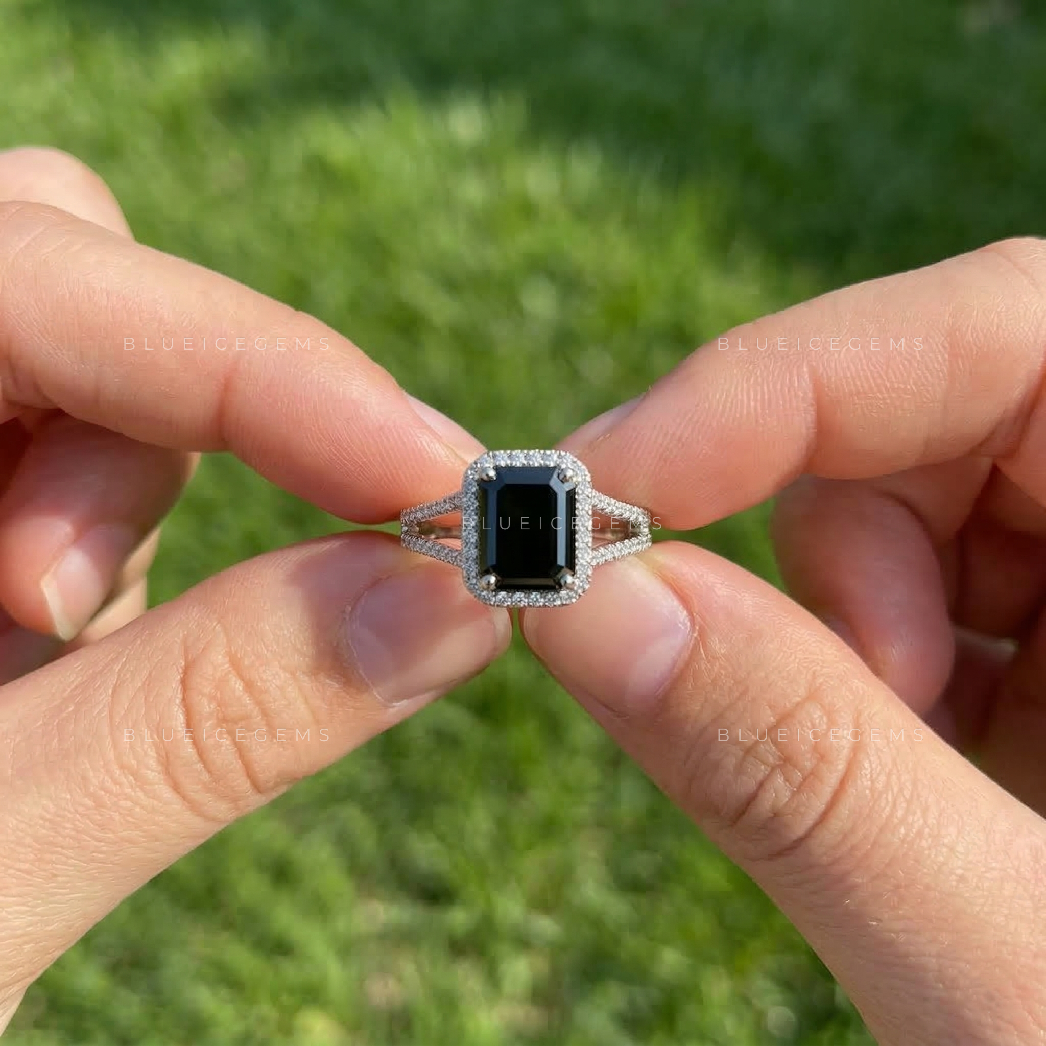 Noir Opulence Emerald Cut Black Moissanite Split Shank Ring