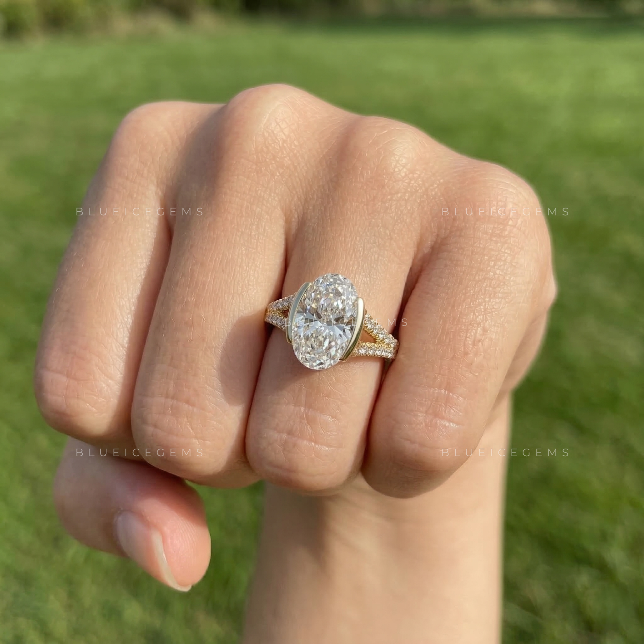 Modern Half Bezel Oval Cut Pavé Engagement Ring