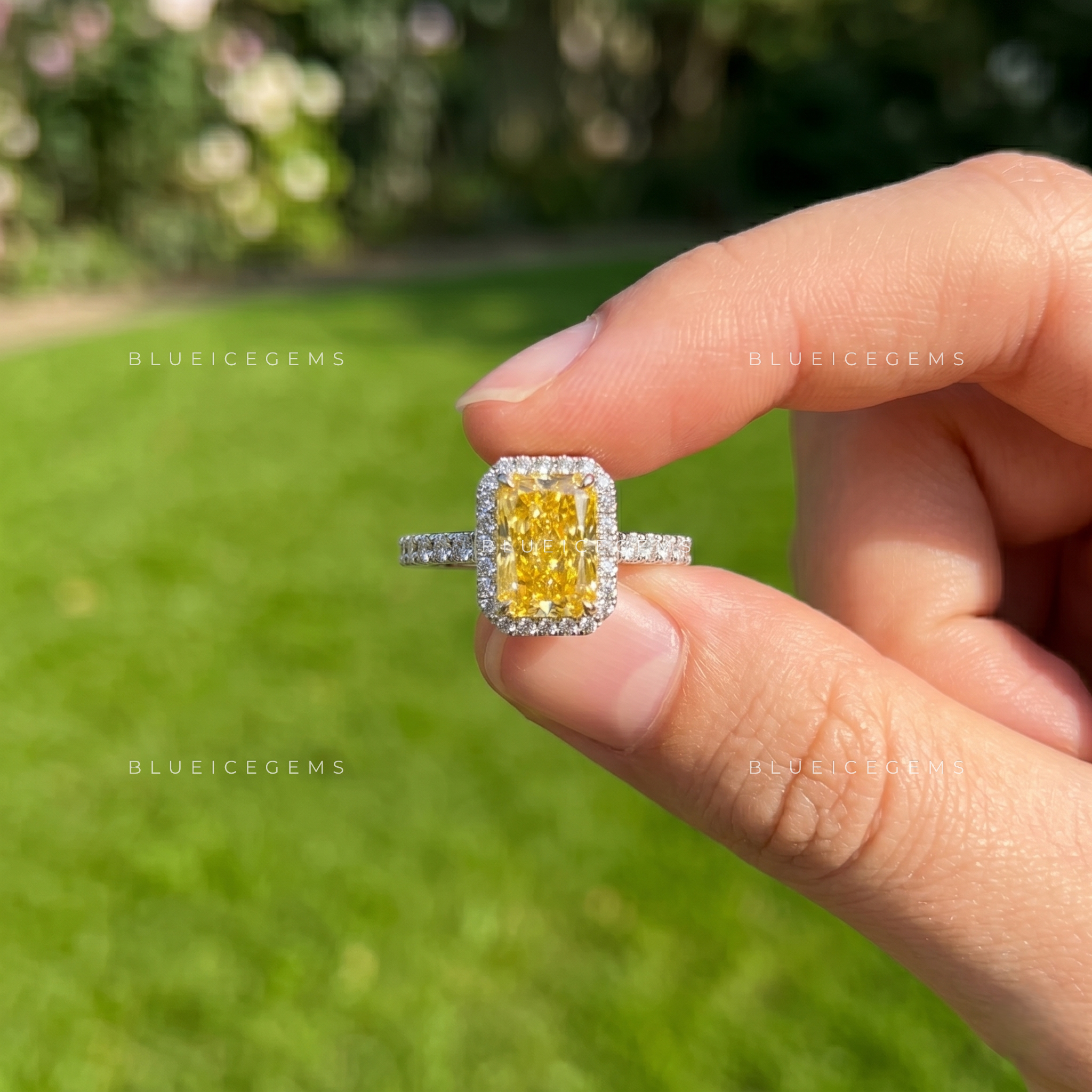 Golden Splendor Radiant Cut Halo Accent Engagement Ring