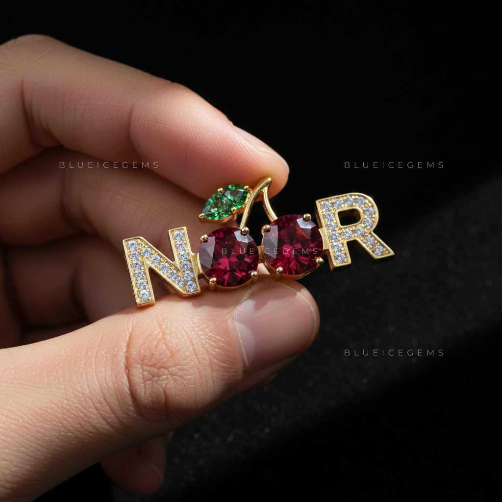 The "NOOR" Cherry Blossom: Crimson Garnet & Emerald Leaf Nameplate