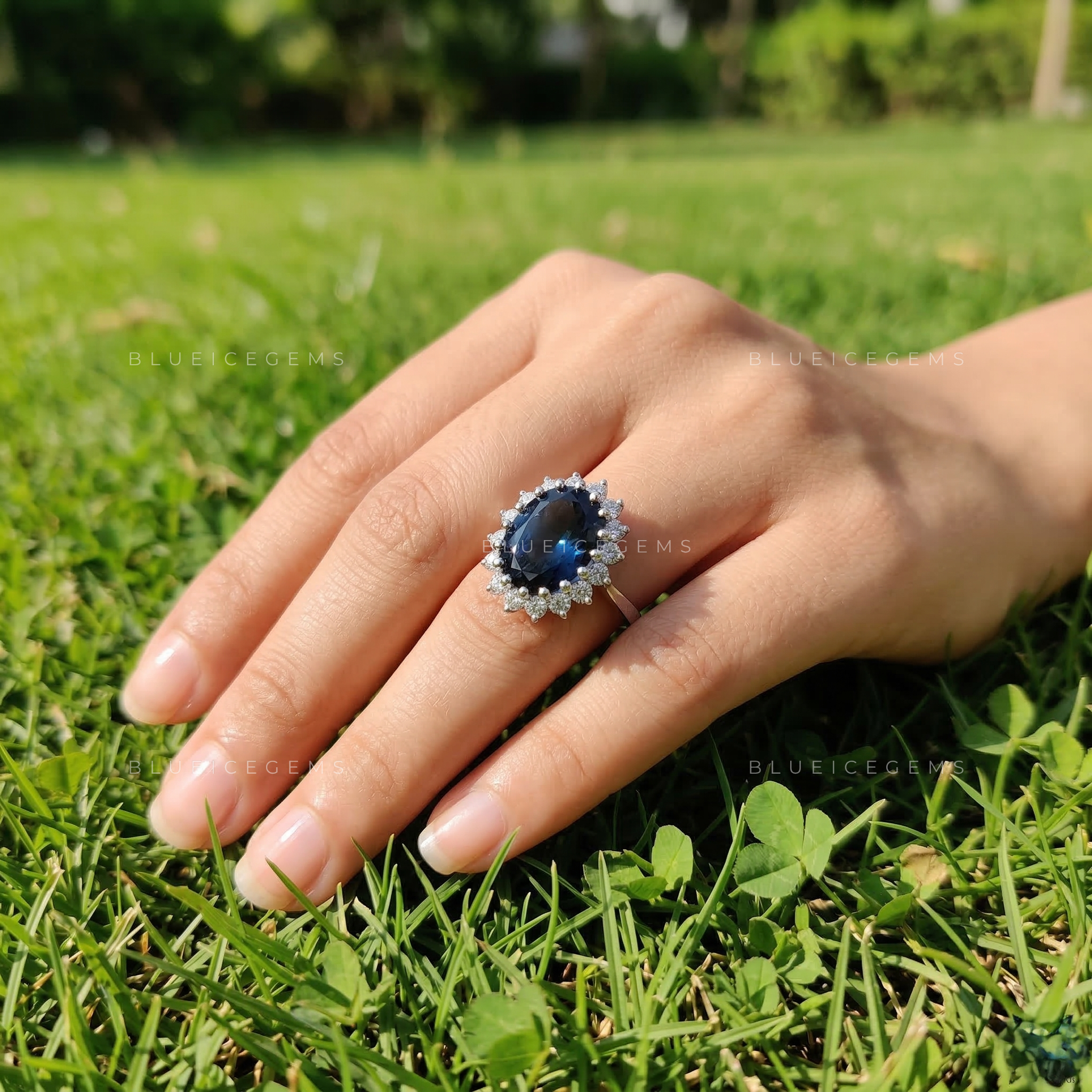 Celestial Azure Blue Topaz and Lab Grown Diamond Halo Ring