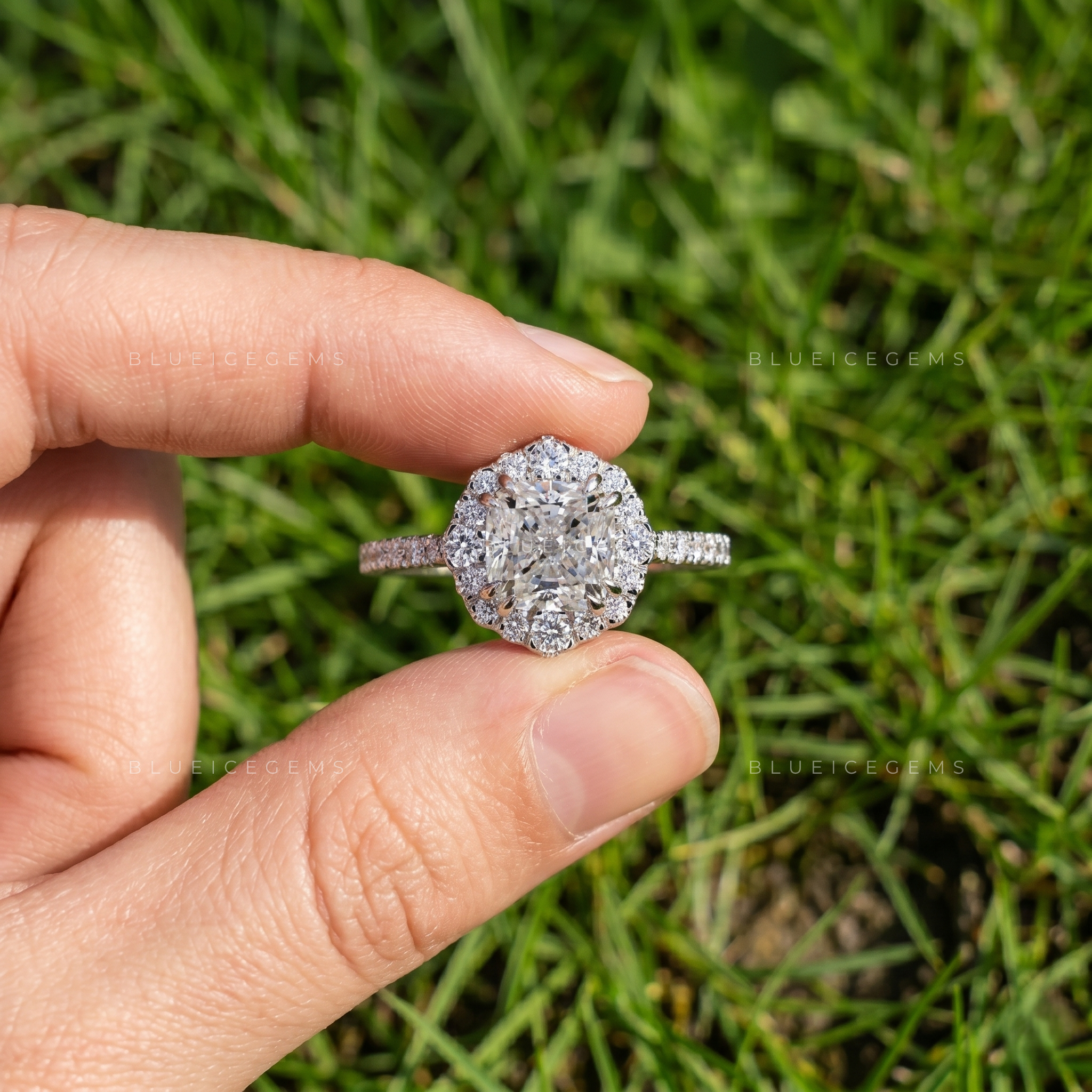 Radiant Allure Cushion Cut Pave Accent Engagement Ring
