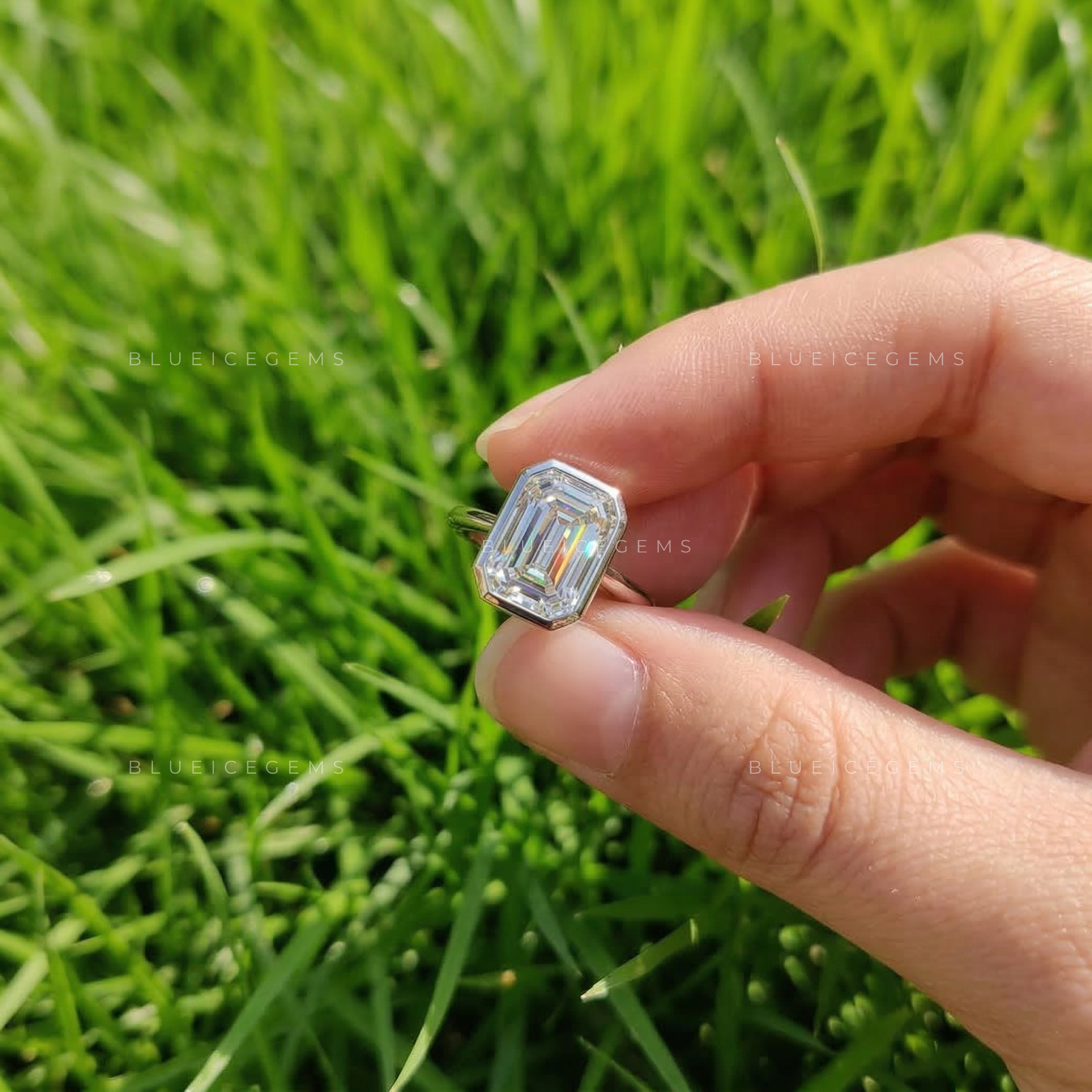 Modern Slate Emerald Cut Knife Edge Bezel Ring
