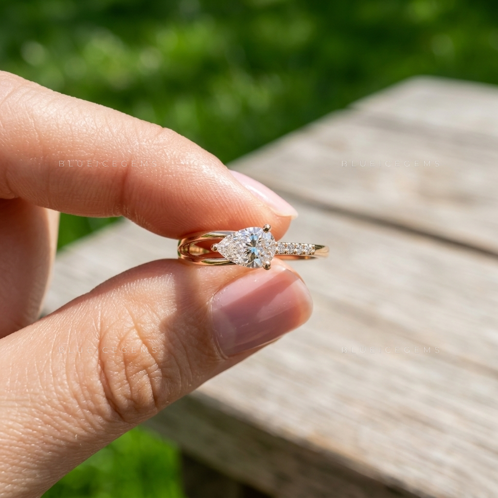 Graceful Horizon Pear Cut Asymmetric Split Band Engagement Ring
