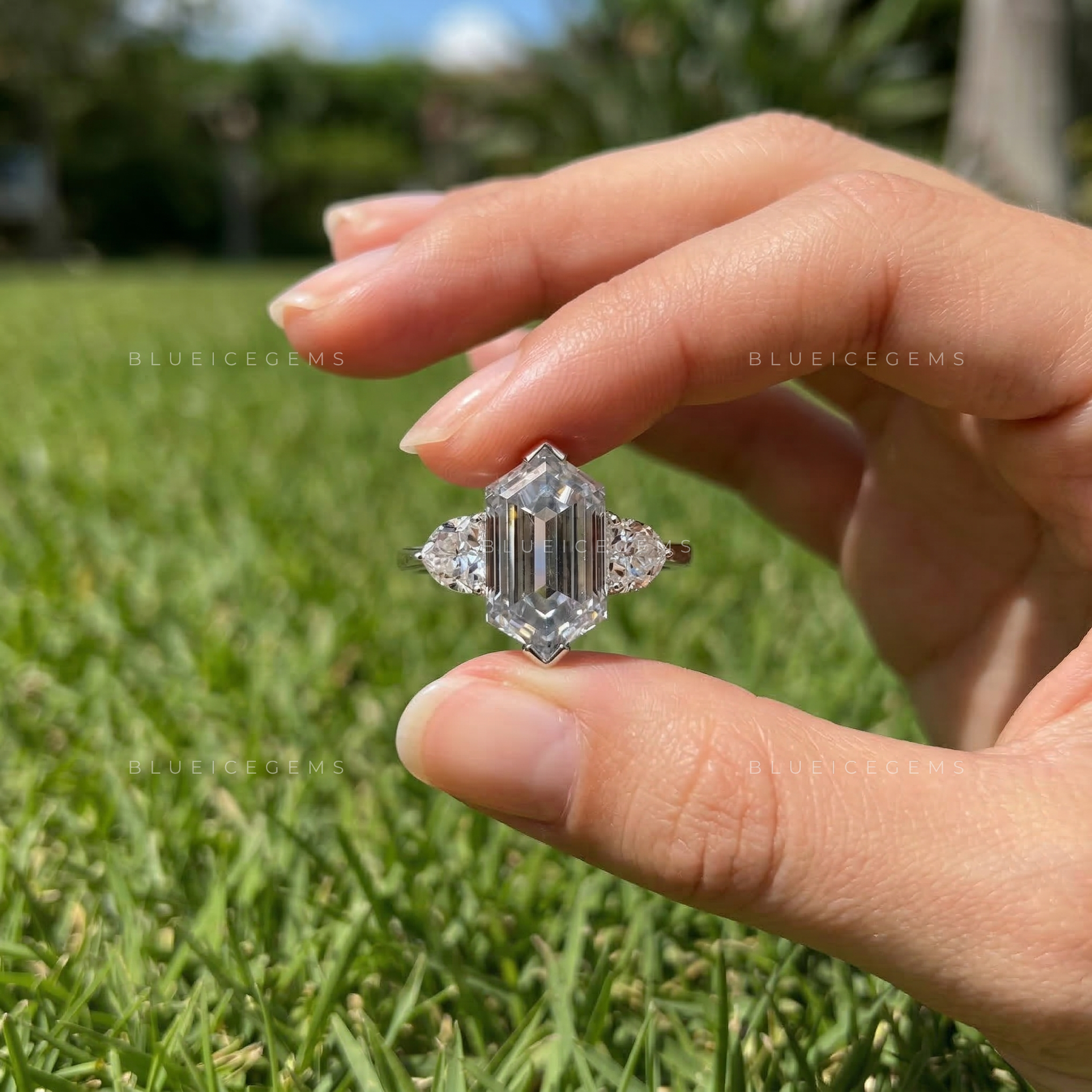 Mystic Slate Hexagon Cut Three-Stone Ring