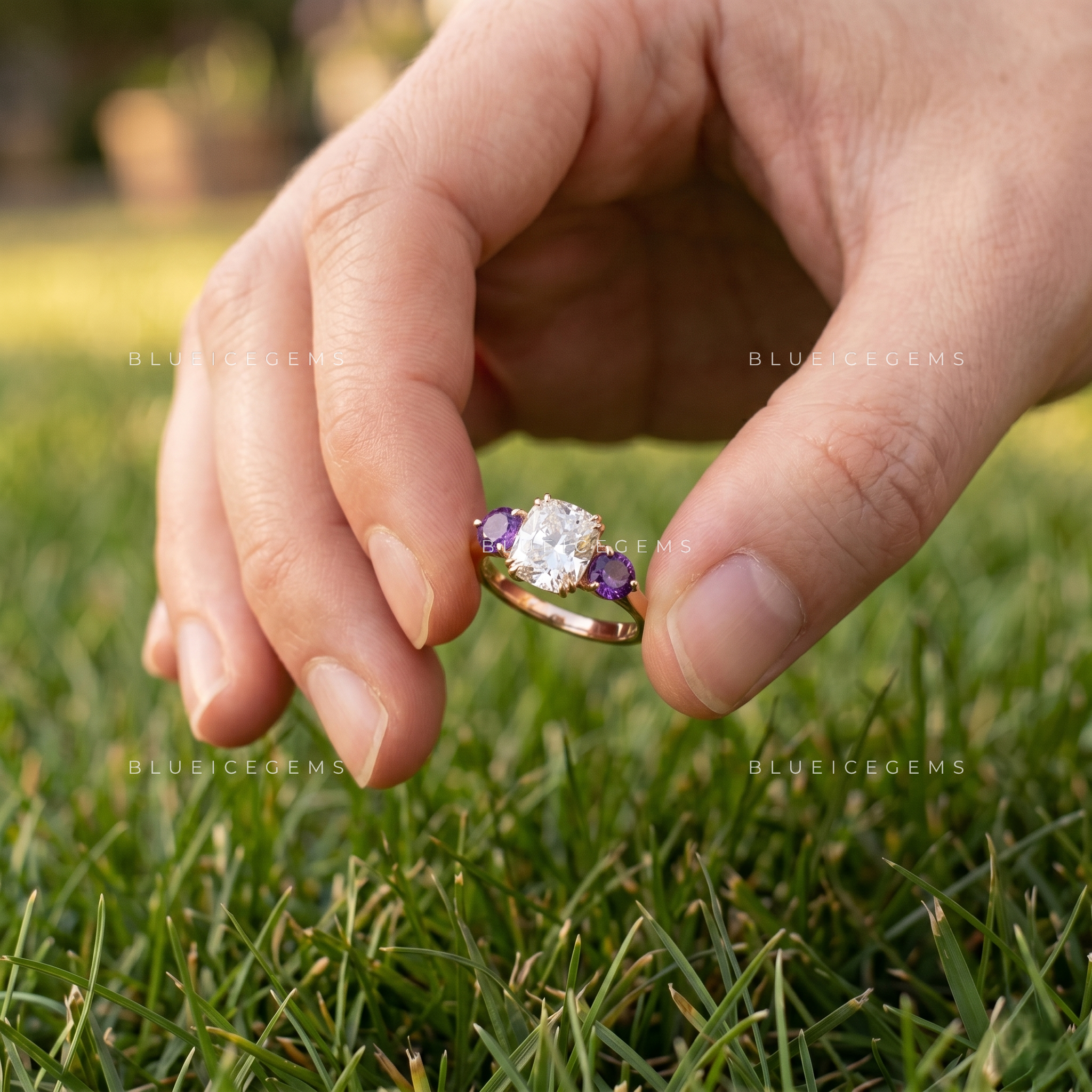 Velvet Harmony Cushion Cut Amethyst Accent Engagement Ring