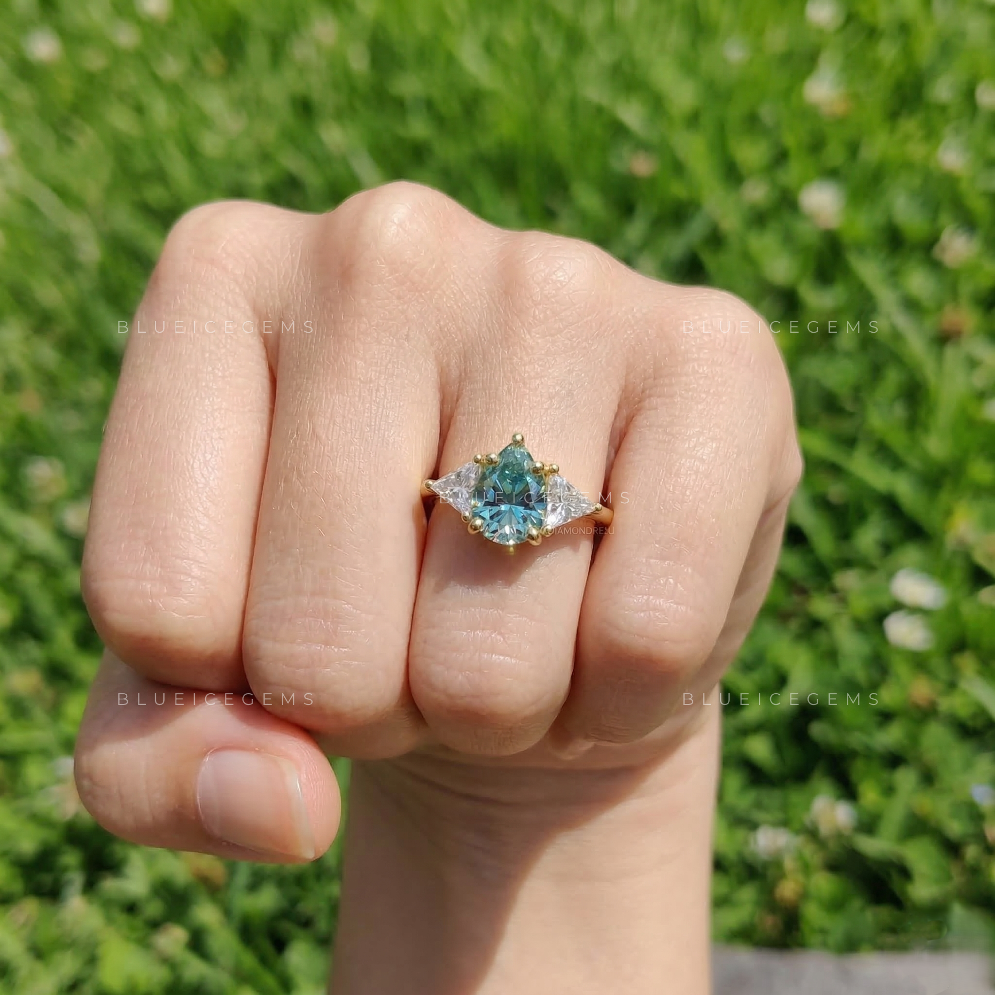 Azure Teardrop Geometric Triangle Three Stone Statement Ring