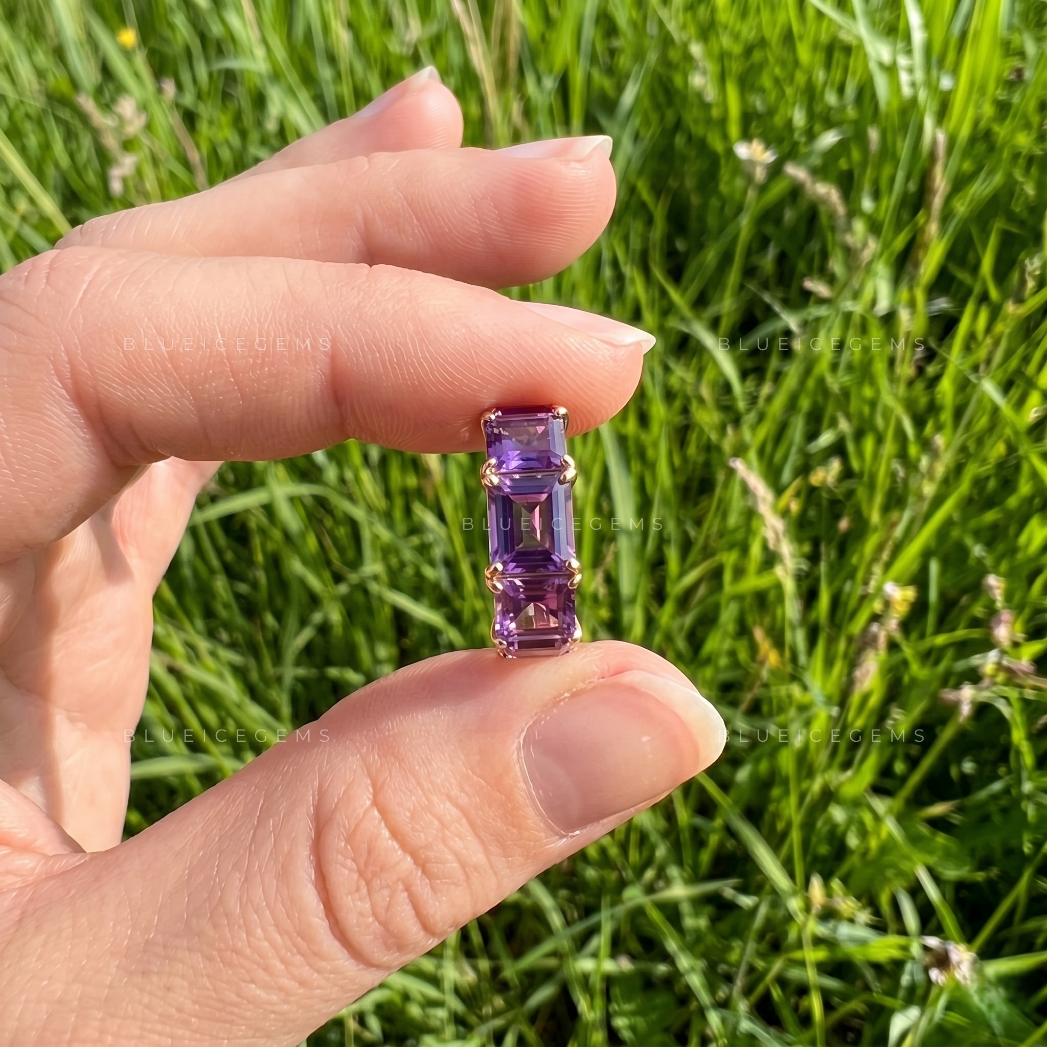 Vintage Mystique Emerald Cut Lavender Amethyst Three Stone Ring