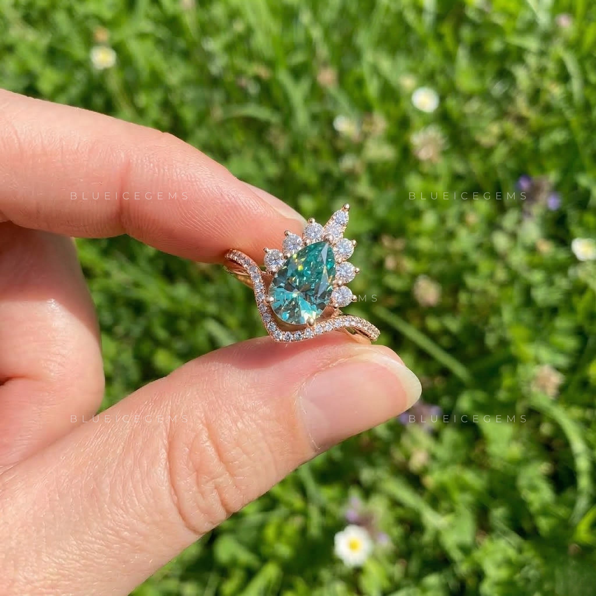 Azure Waters Pear Cut Cyan Blue Floral Ring