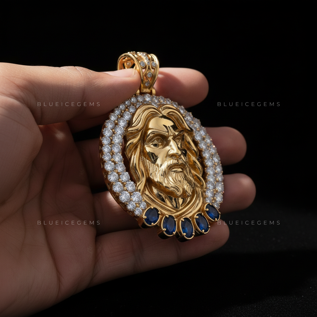 The "Divine Sovereign" Medallion: Sculptural Gold Portrait & Azure Sapphire Halo