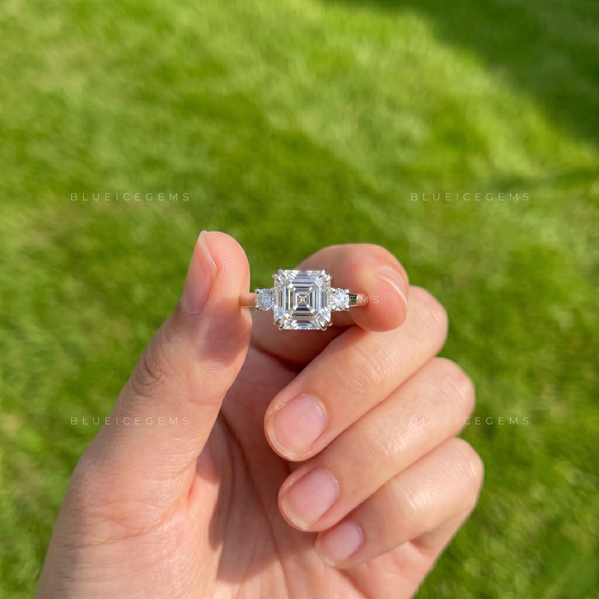 Grand Horizon Asscher Cut Three Stone Engagement Ring
