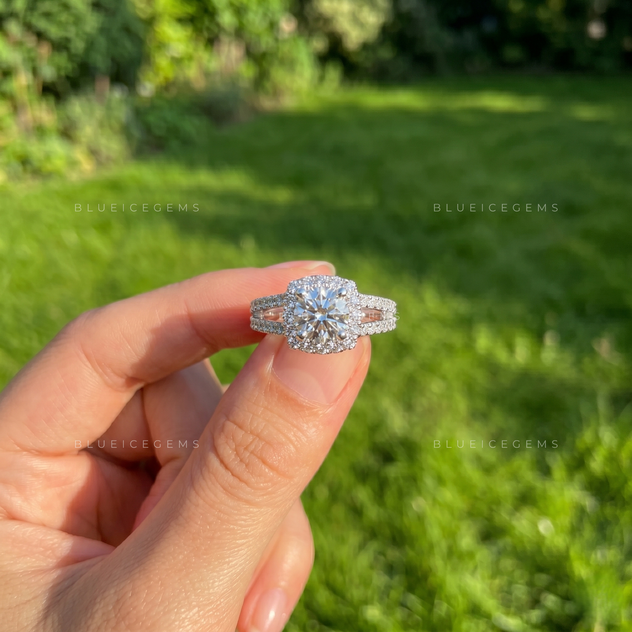 Majestic Brilliance Round Cut Halo Split Shank Statement Engagement Ring